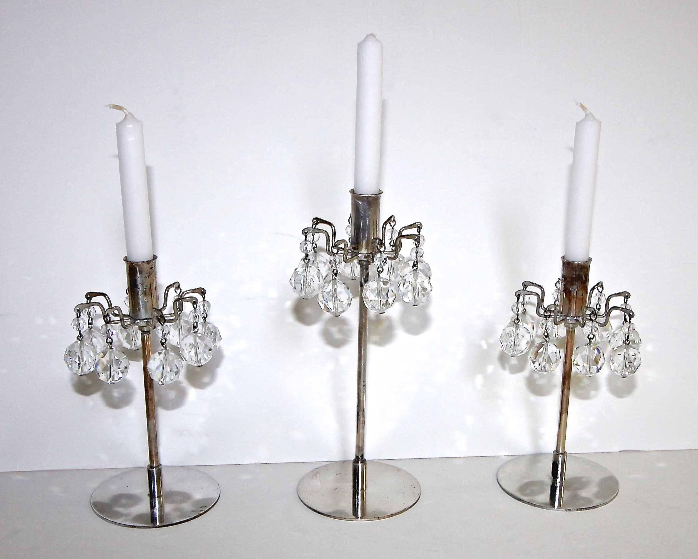 Plated Trio Lobmeyr Diminutive Silver Plate Crystal Candleholders For Sale