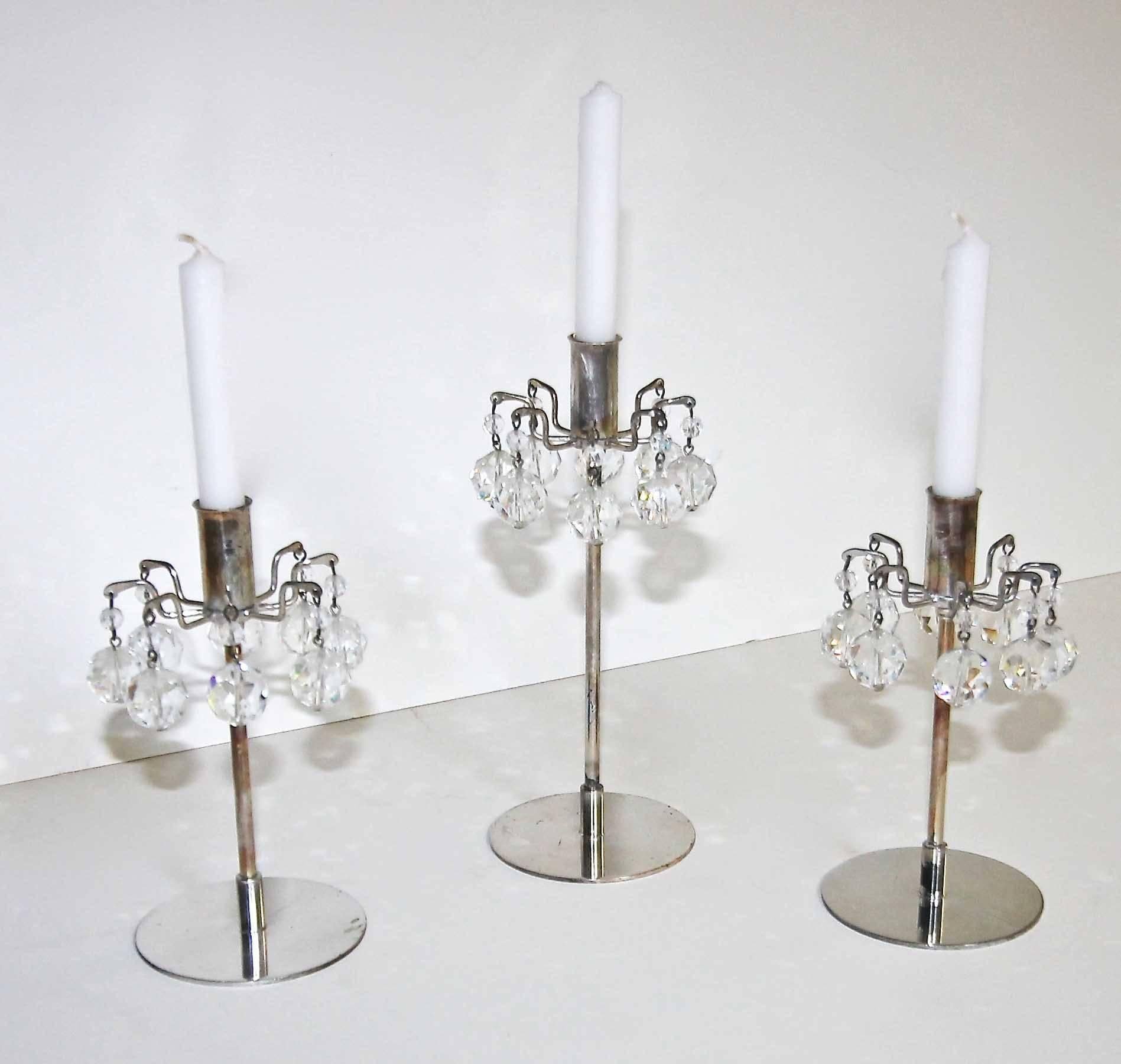 Trio Lobmeyr Diminutive Silver Plate Crystal Candleholders For Sale 3