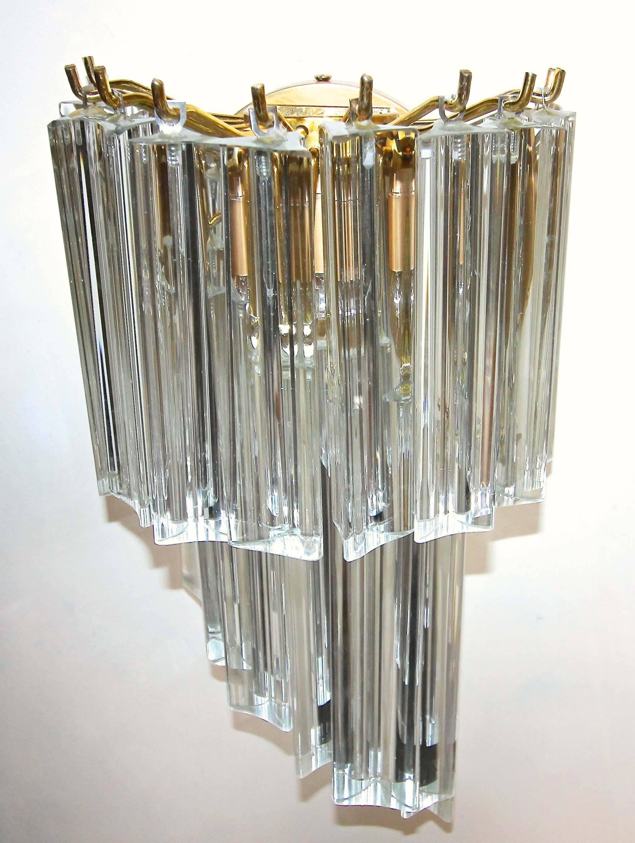 Metal Pair of Venini Style Italian Triedi Glass Prism Wall Sconces For Sale