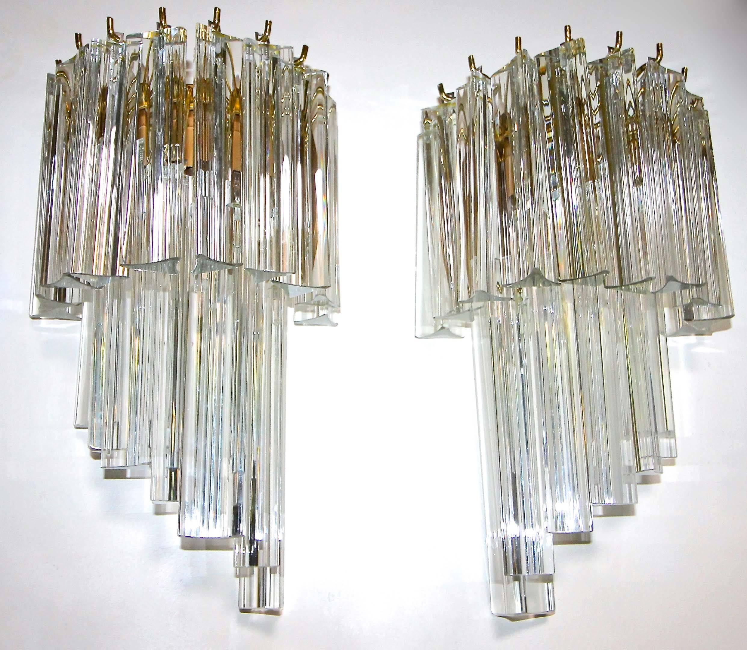 Plated Pair of Venini Style Italian Triedi Glass Prism Wall Sconces For Sale
