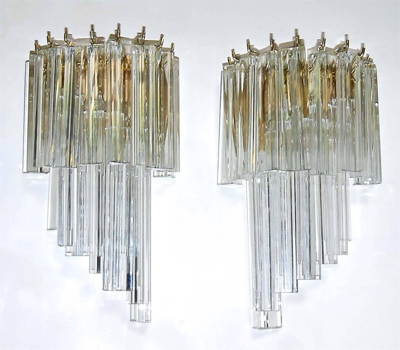 Pair of Venini Style Italian Triedi Glass Prism Wall Sconces For Sale 3