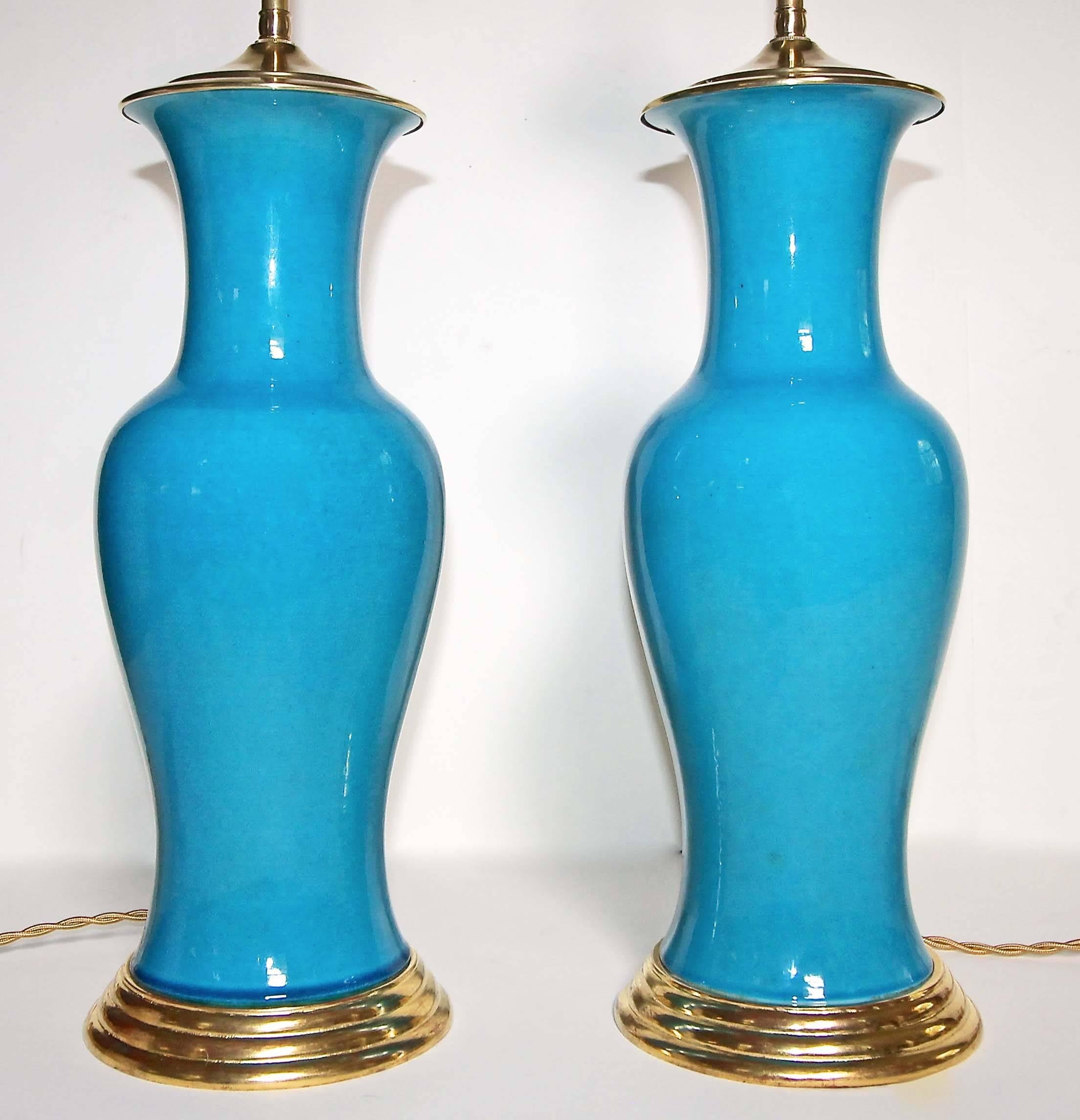 Japanese Pair of Turquoise Blue Ceramic Lamps with Water Gilt Wood Bases