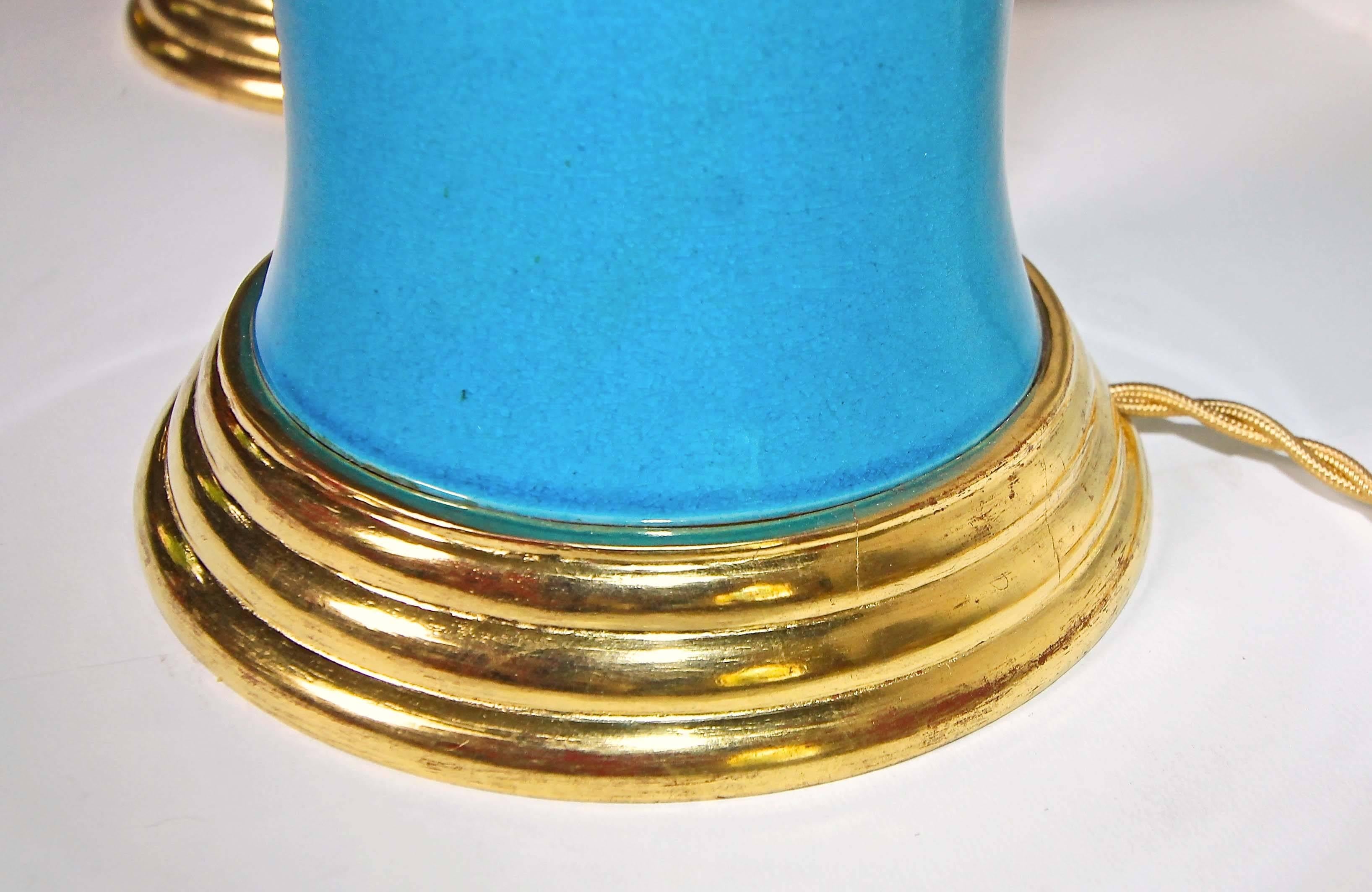 Pair of Turquoise Blue Ceramic Lamps with Water Gilt Wood Bases 1
