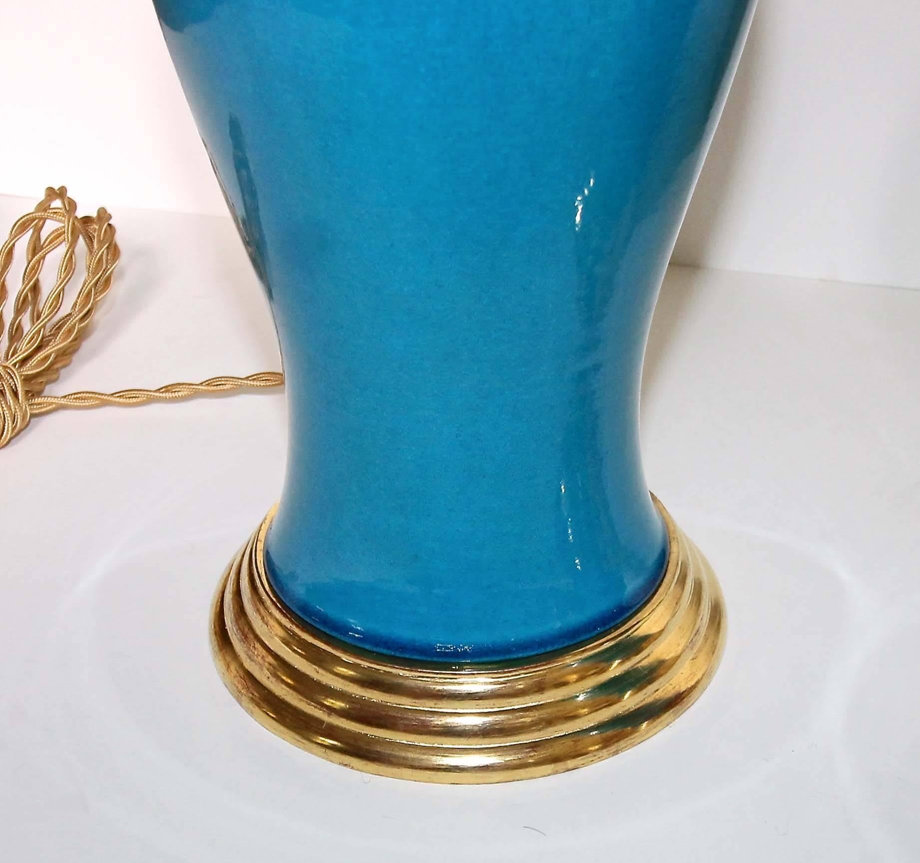 Pair of Turquoise Blue Ceramic Lamps with Water Gilt Wood Bases In Excellent Condition In Palm Springs, CA