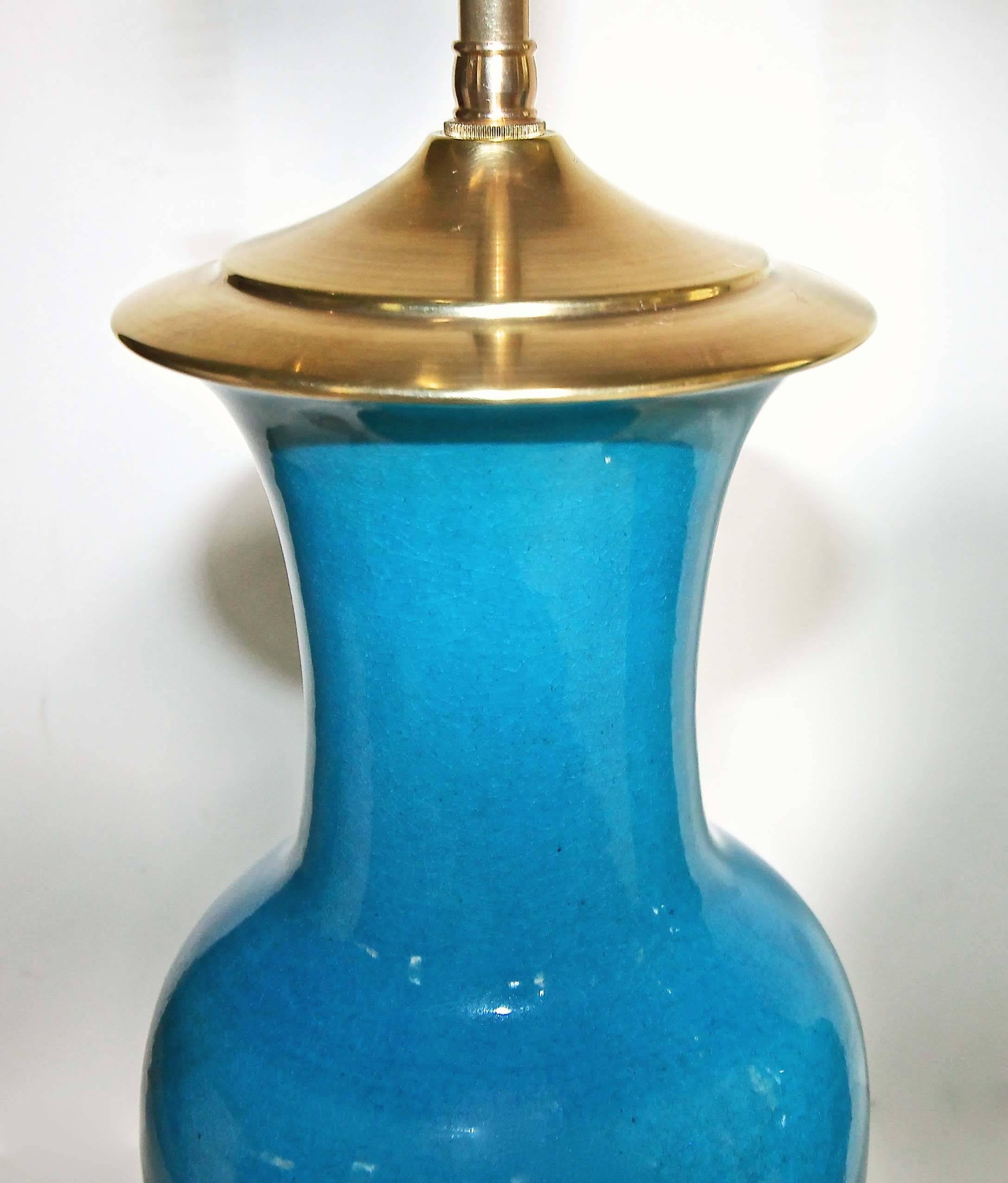 Giltwood Pair of Turquoise Blue Ceramic Lamps with Water Gilt Wood Bases