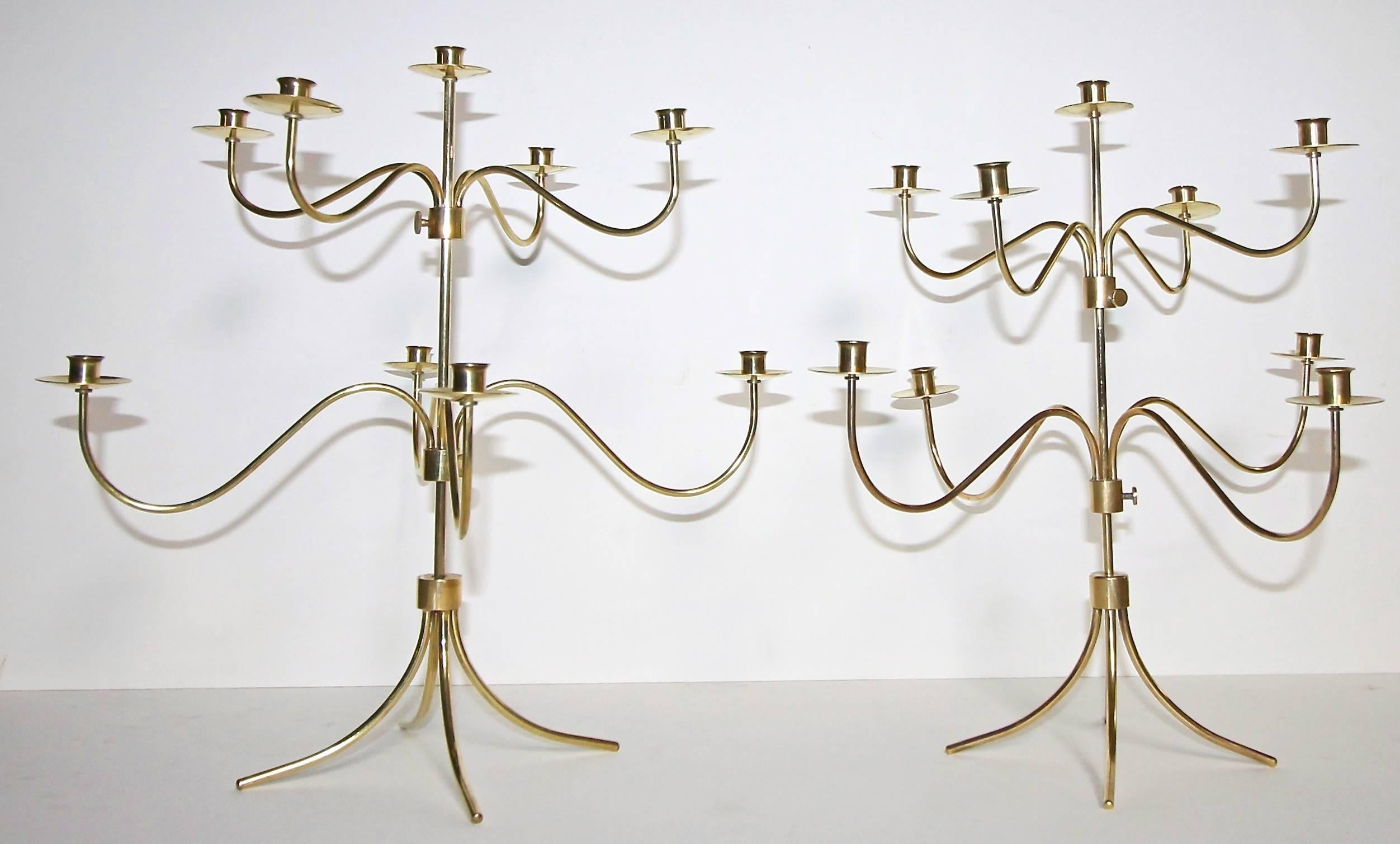 Mid-Century Modern Pair of Josef Frank Swedish Brass Svenskt Tenn Nine-Arm Candelabra