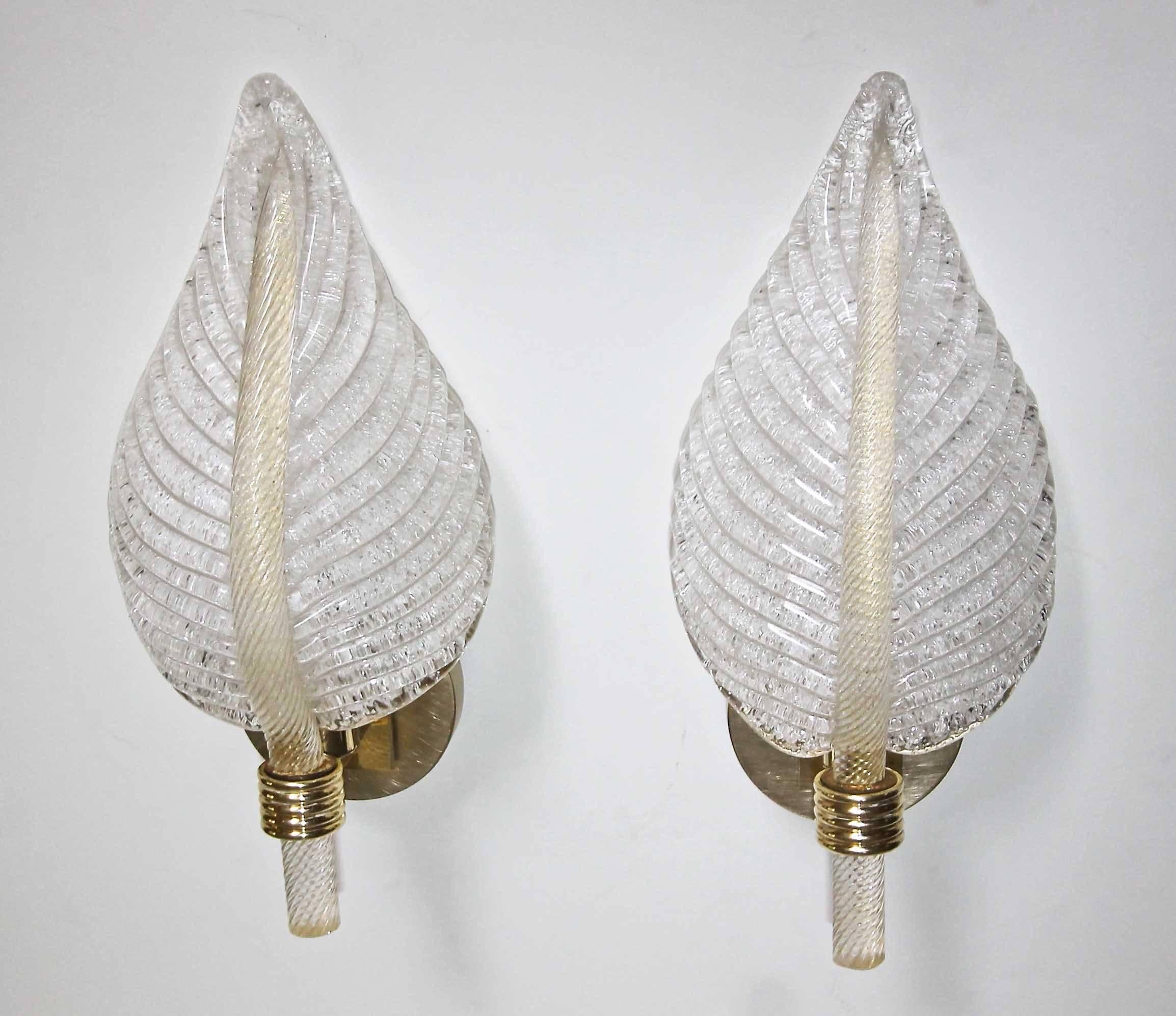 Mid-20th Century Pair of Barovier Murano Rugiadoso Leaf Wall Sconces For Sale