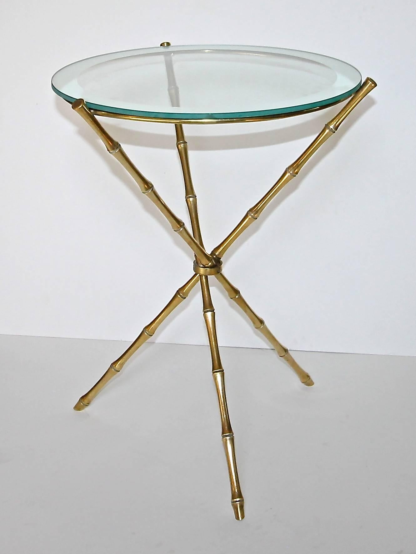 French Maison Baguès Style Faux Bamboo Brass Tripod Side Table In Good Condition In Dallas, TX