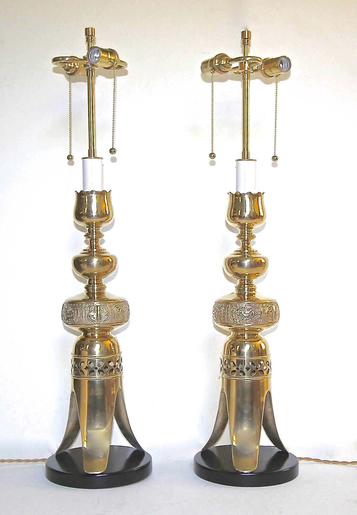 Pair of Tall Brass Asian Altar Candlestick Table Lamps 1