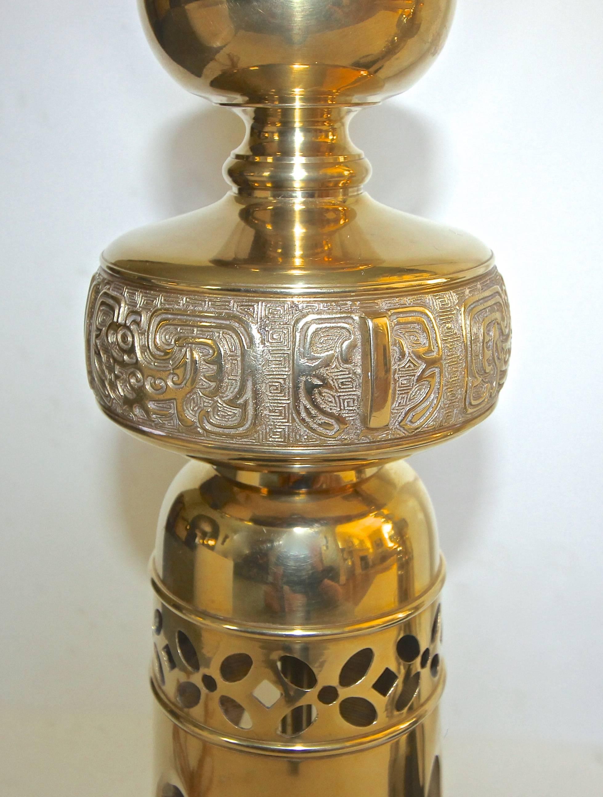 Pair of Tall Brass Asian Altar Candlestick Table Lamps In Excellent Condition In Palm Springs, CA