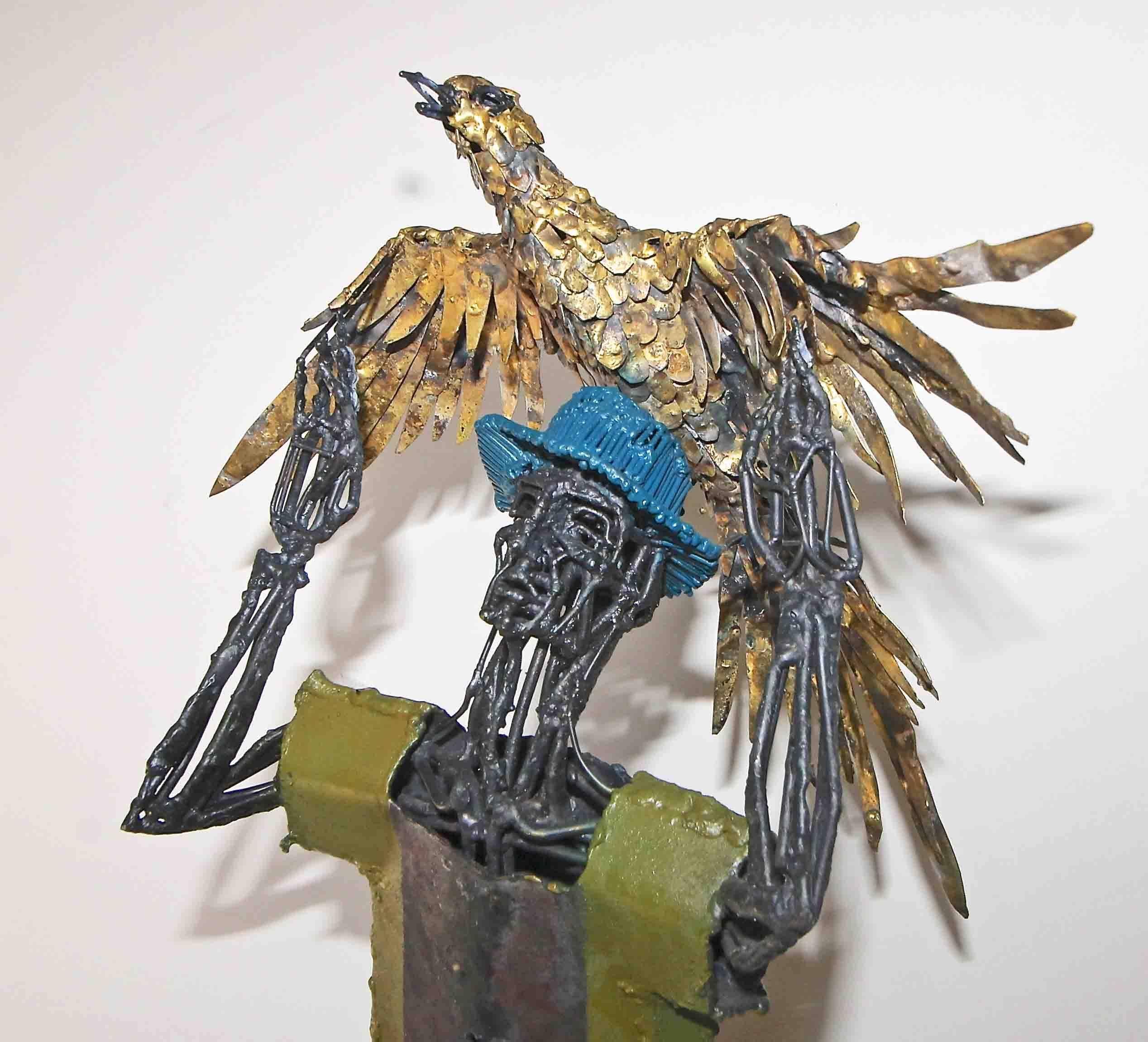American Original Bob Fowler Metal Art Work Sculptor Man Holding Eagle For Sale