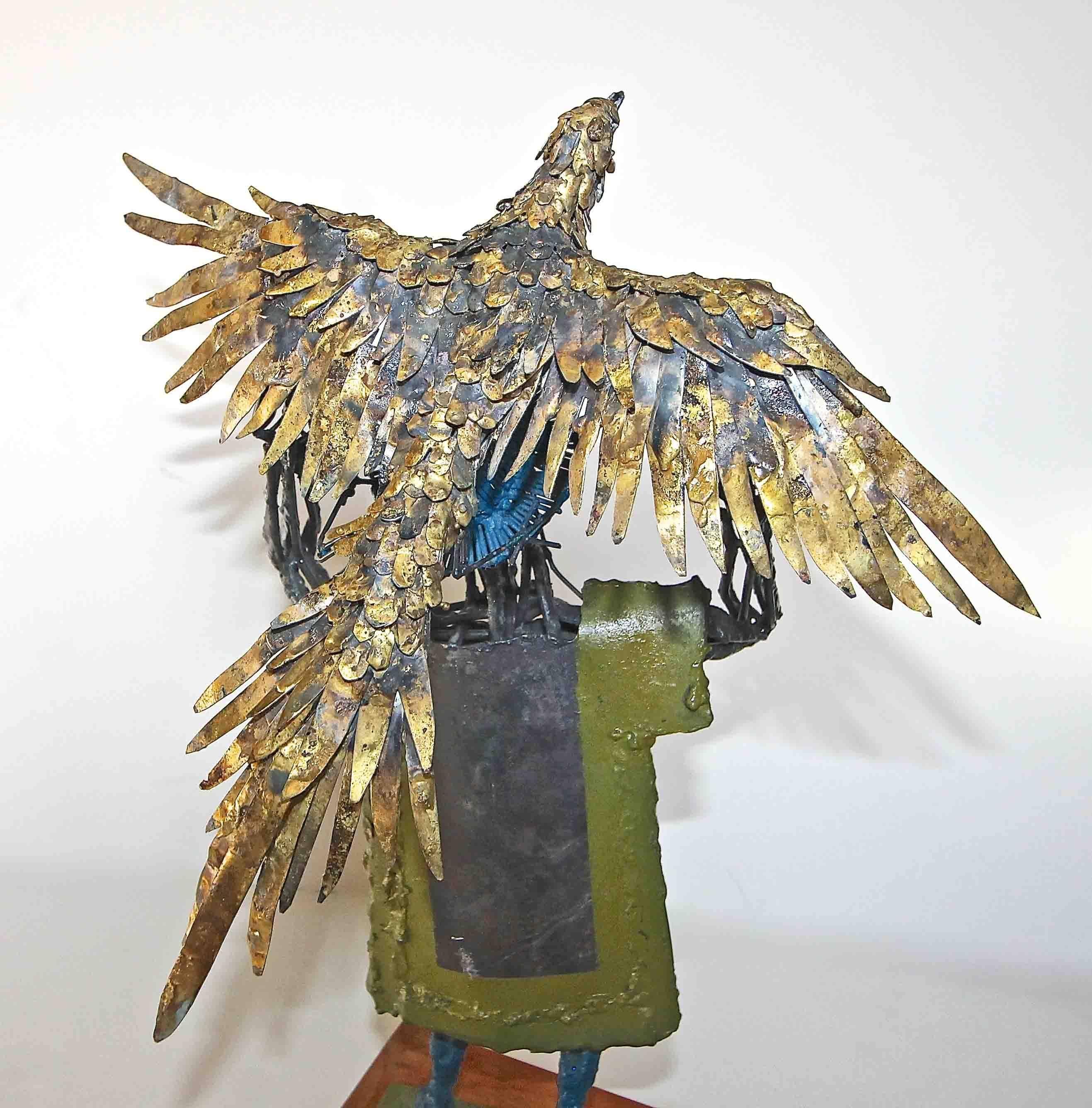 Original Bob Fowler Metal Art Work Sculptor Man Holding Eagle In Excellent Condition For Sale In Palm Springs, CA