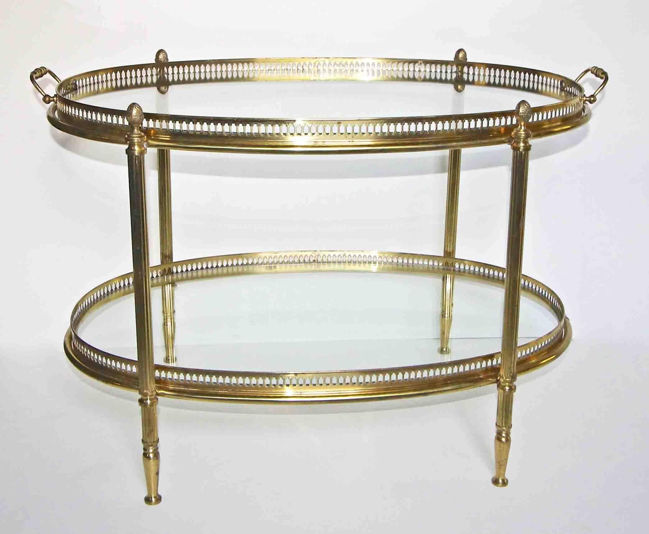 Mid-20th Century French Brass Oval Two Tier Side Table with Removable Tray For Sale