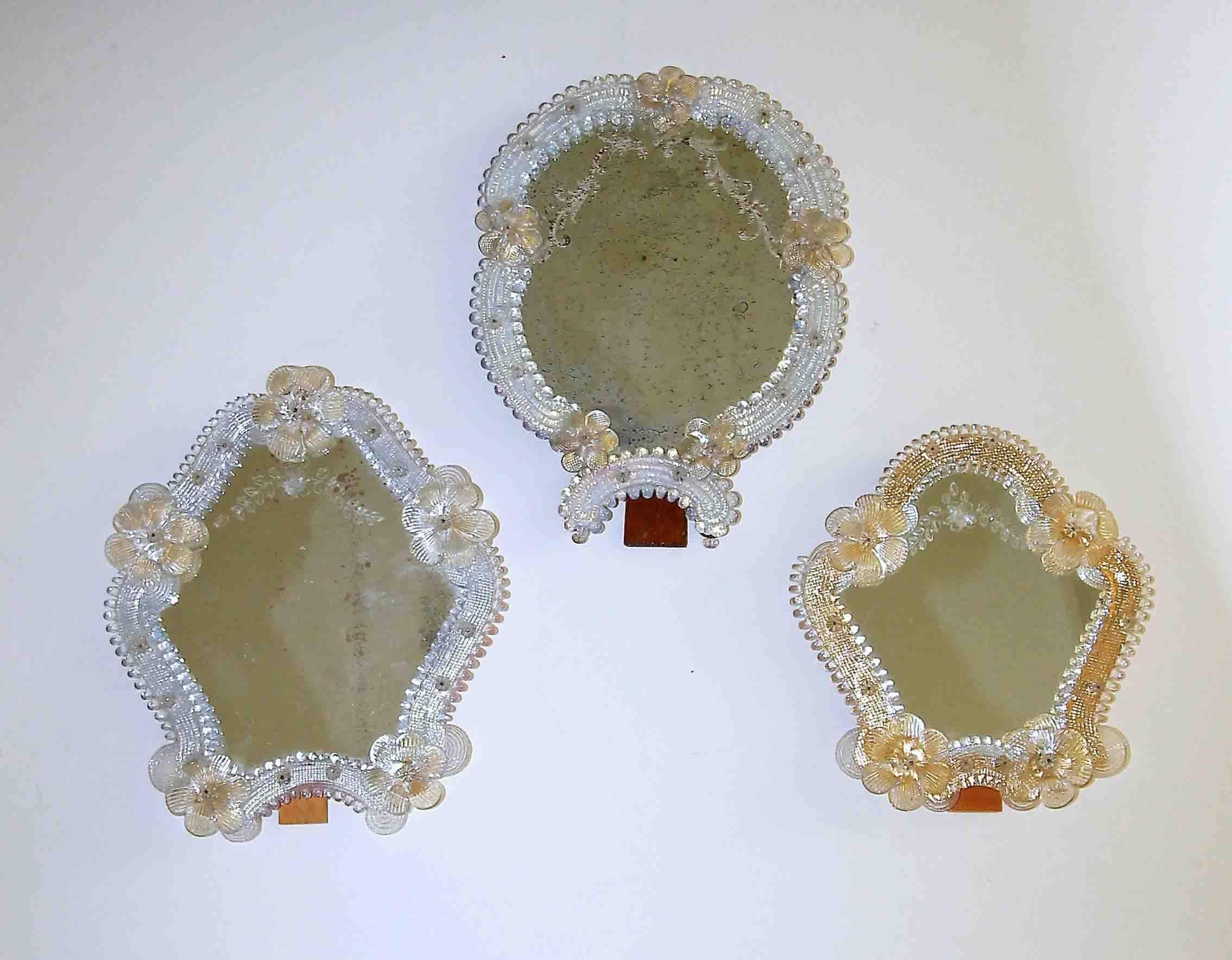Italian Set of Three Floral Venetian Glass Murano Table Mirrors