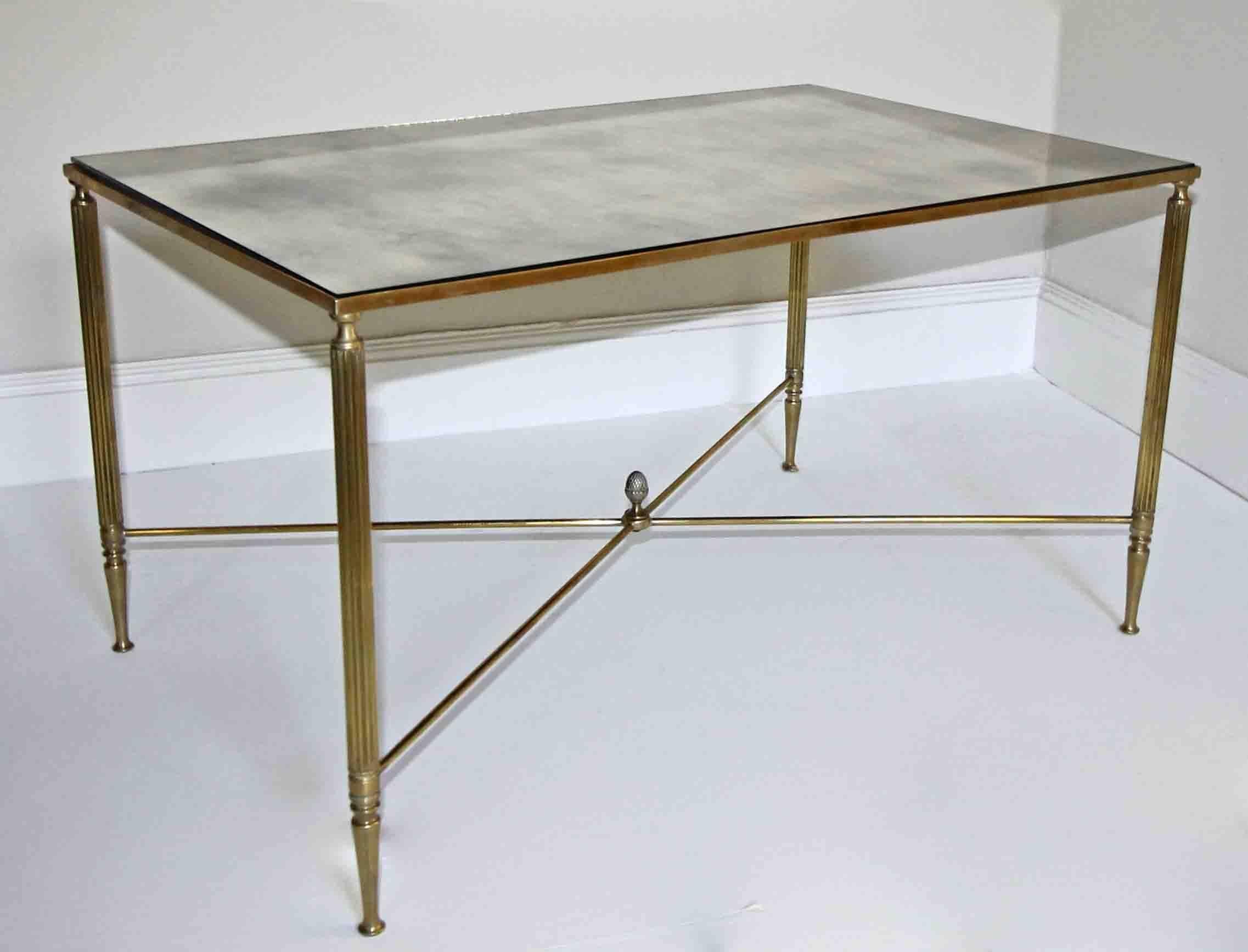 French Brass X Base Antiqued Mirror Top Cocktail Table In Good Condition In Palm Springs, CA