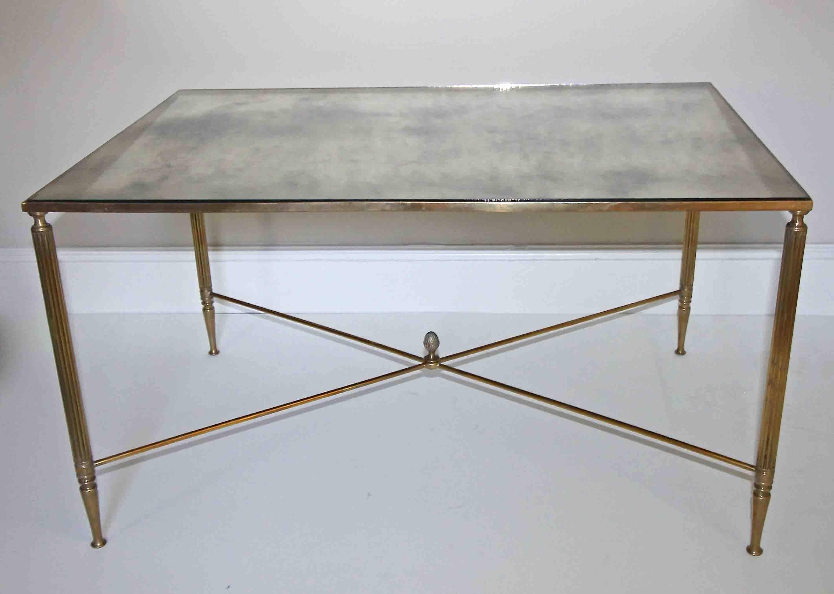 French Brass X Base Antiqued Mirror Top Cocktail Table 6