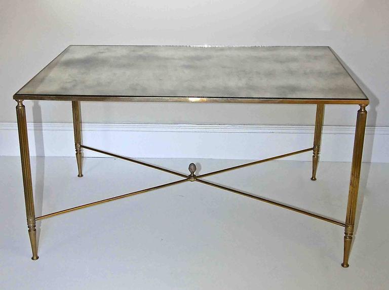 French Brass X Base Antiqued Mirror Top Cocktail Table For Sale at 1stdibs