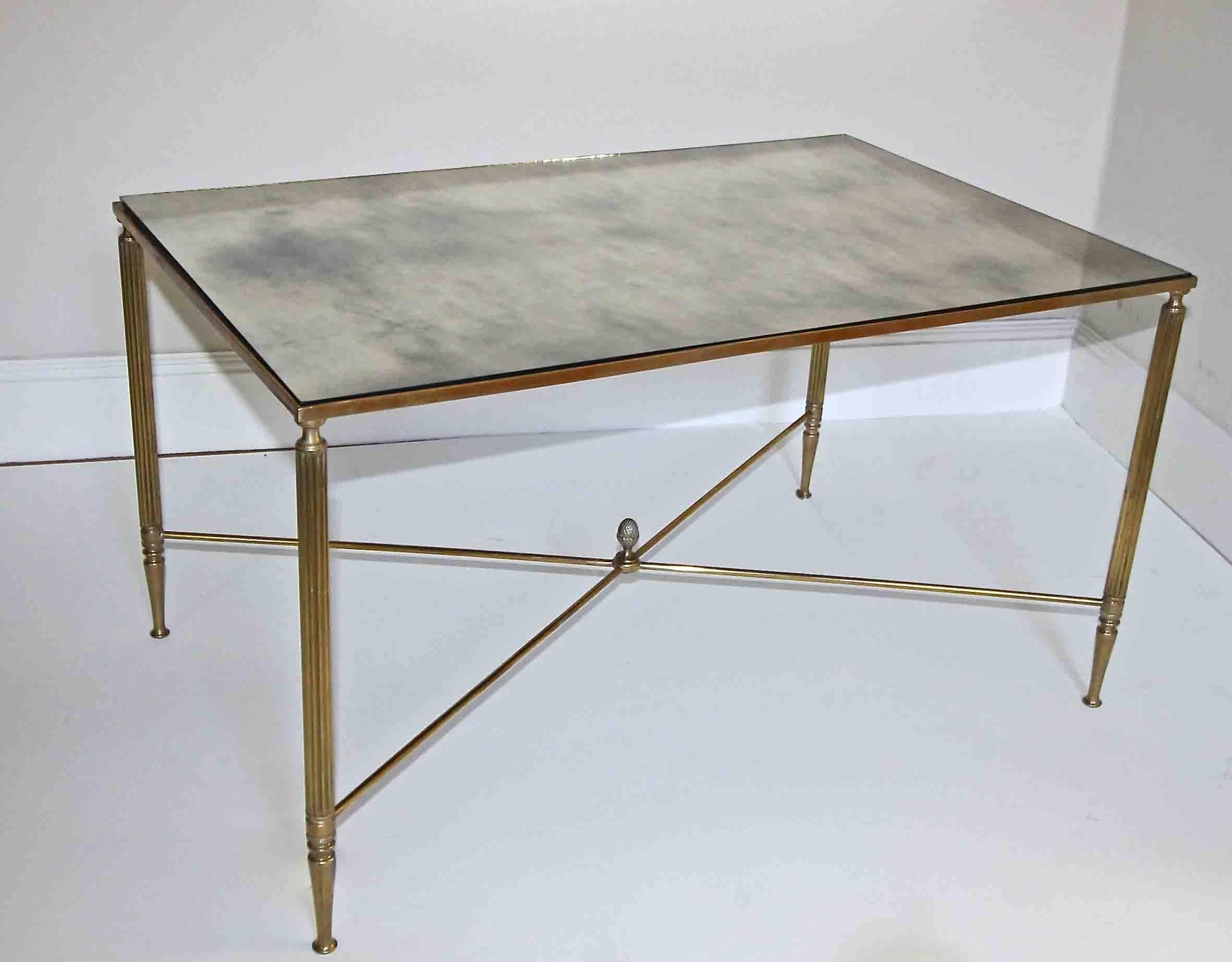 French Brass X Base Antiqued Mirror Top Cocktail Table 4