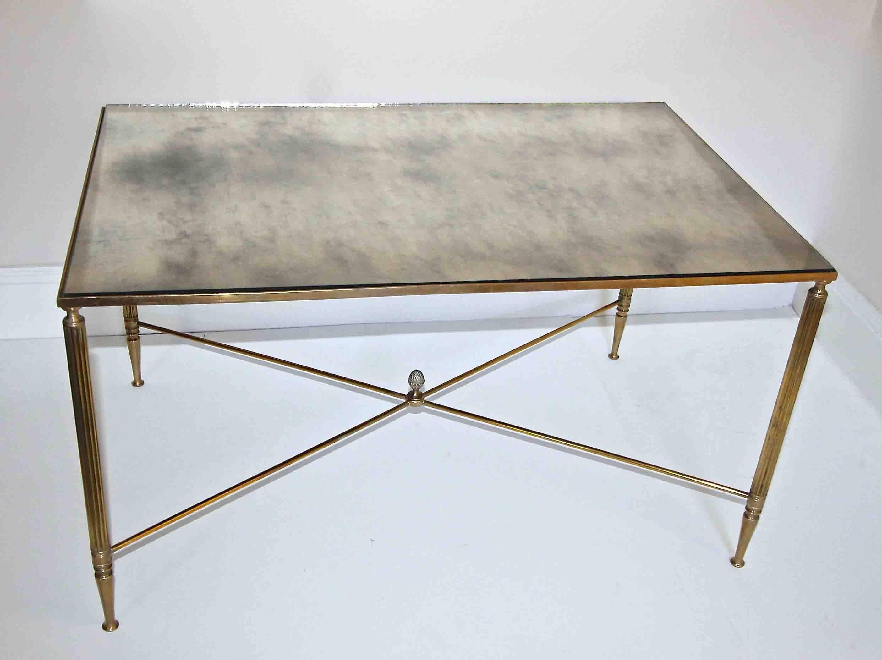 Mid-20th Century French Brass X Base Antiqued Mirror Top Cocktail Table