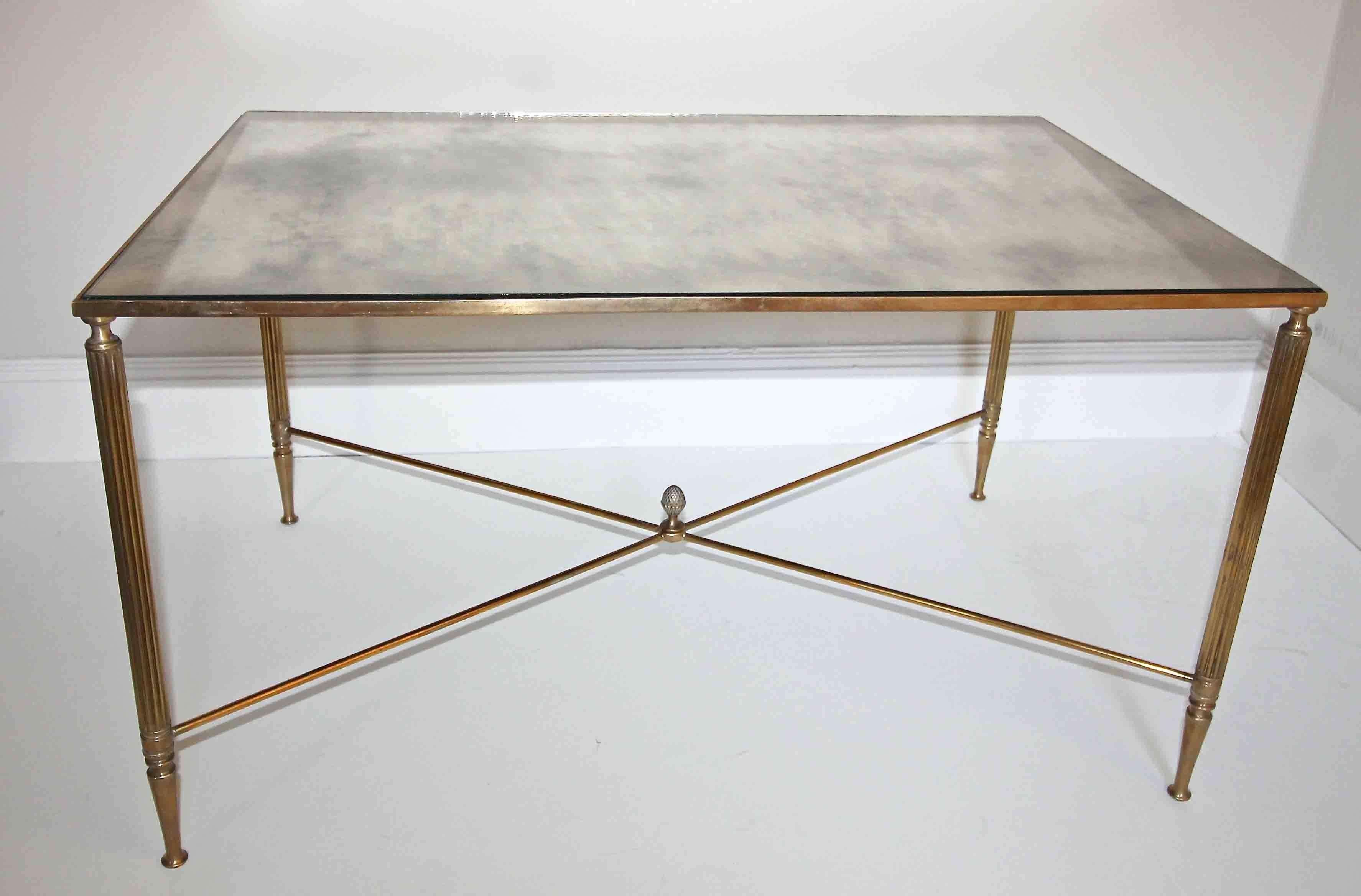 French Brass X Base Antiqued Mirror Top Cocktail Table 2