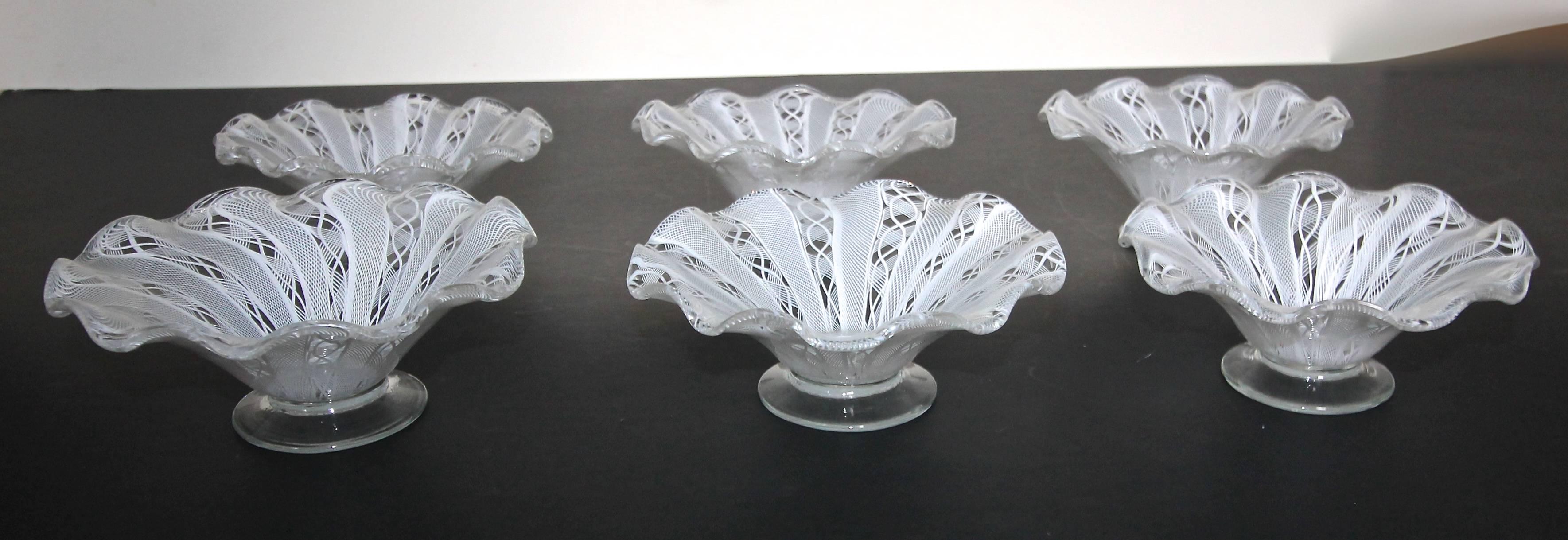 Mid-20th Century Set of Six Murano Venetian Latticino Glass Dessert Bowl or Dish