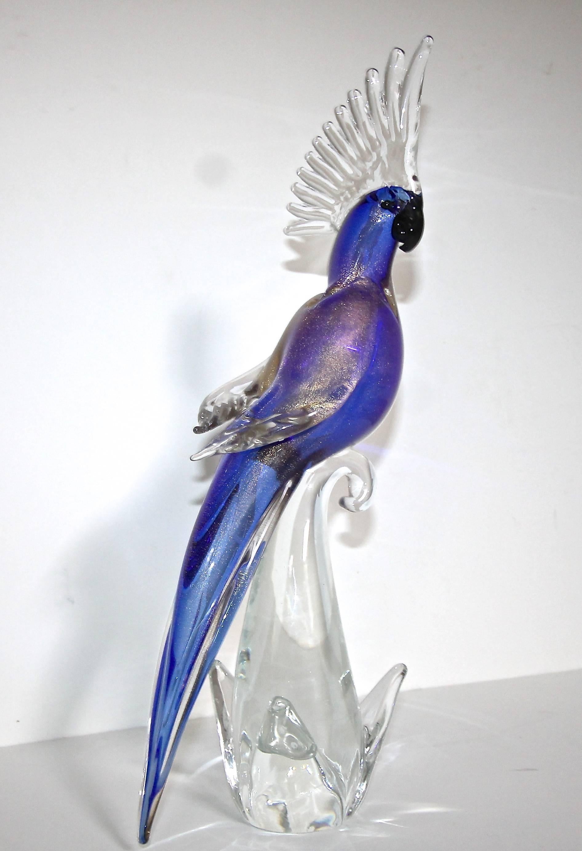 Italian Large Murano Glass Blue Purple Cockatoo Bird