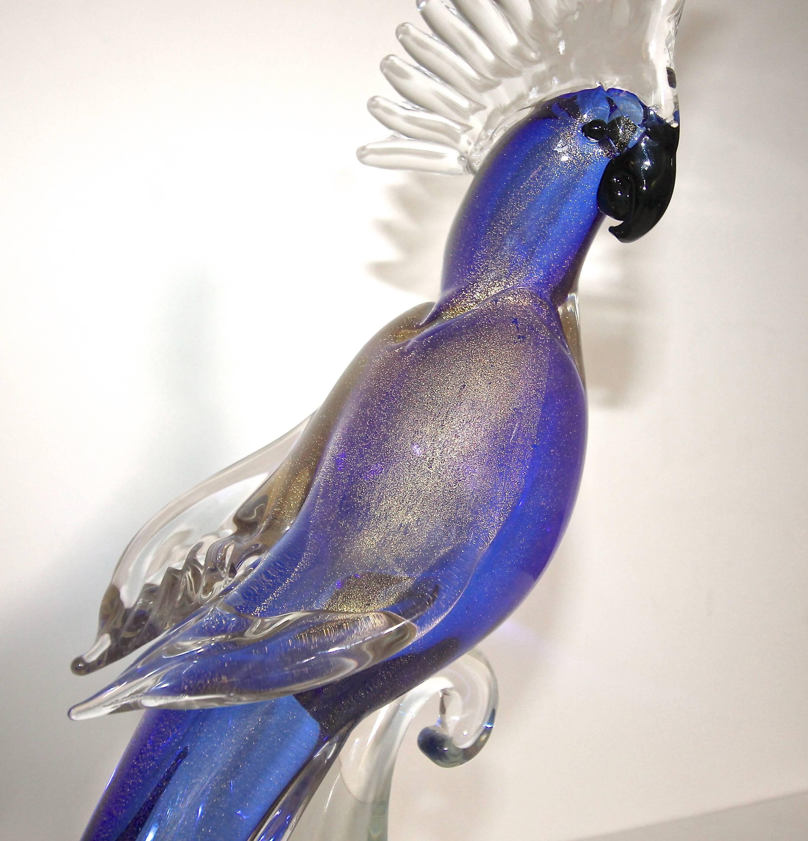 Large Murano Glass Blue Purple Cockatoo Bird In Excellent Condition In Palm Springs, CA