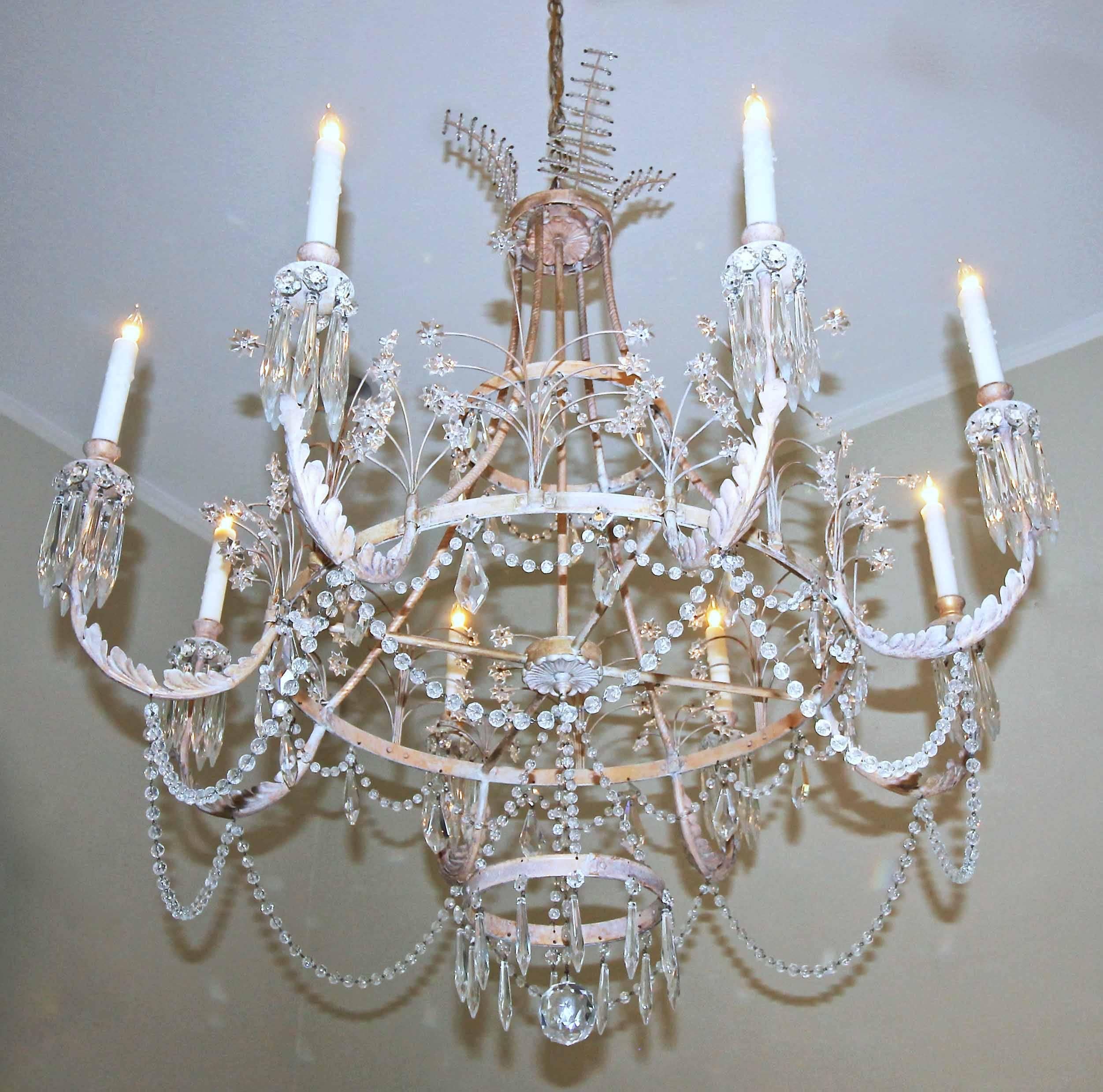 Large Swedish style eight-arm chandelier in crystal and pickled gold leaf finish on metal frame by Niermann Weeks. Delicate details reminiscent of 18th century Gustavian pieces in a large scale version. Newer wiring for the US. 

Height of