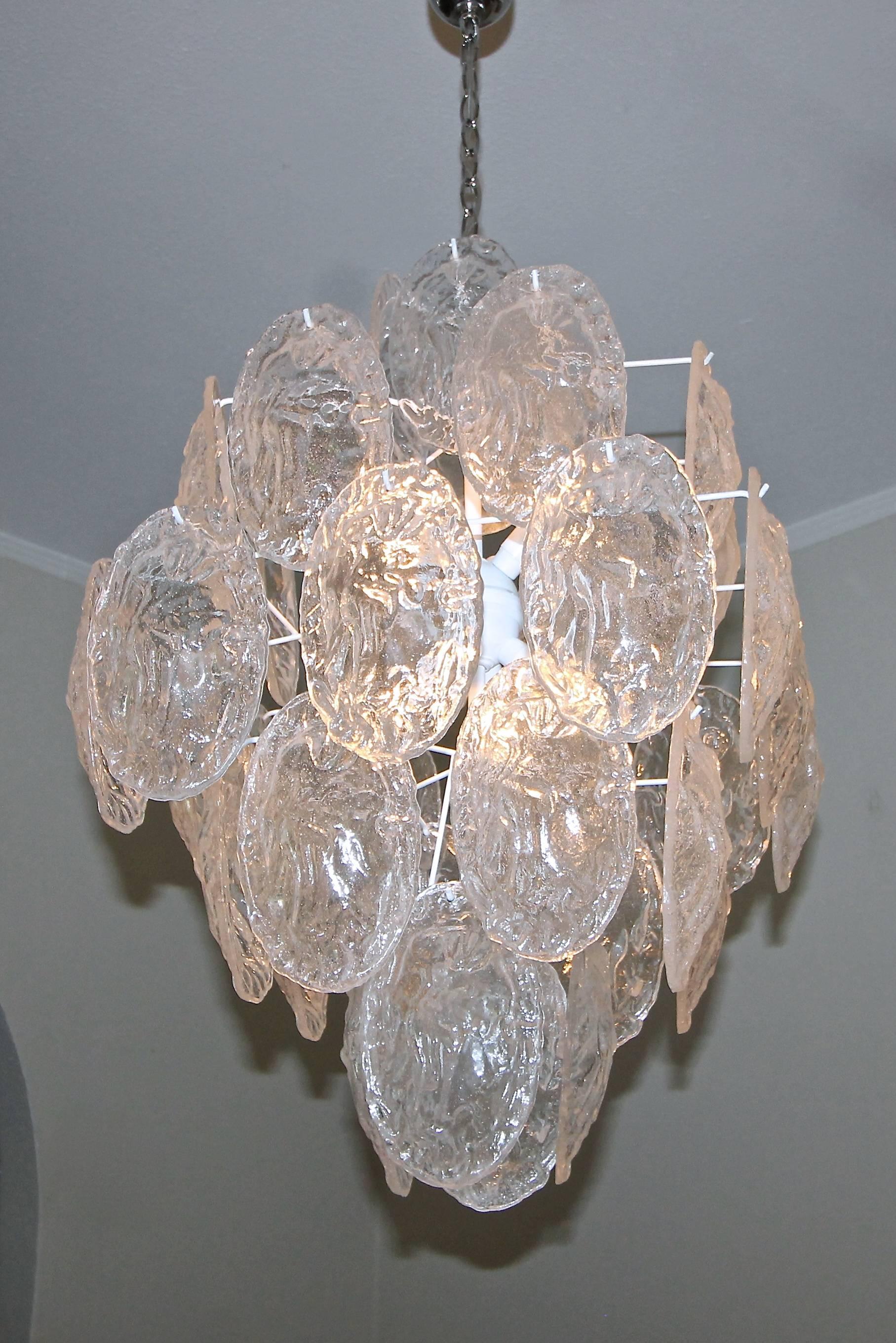 Painted Murano Italian Clear Textured Glass Disc Chandelier