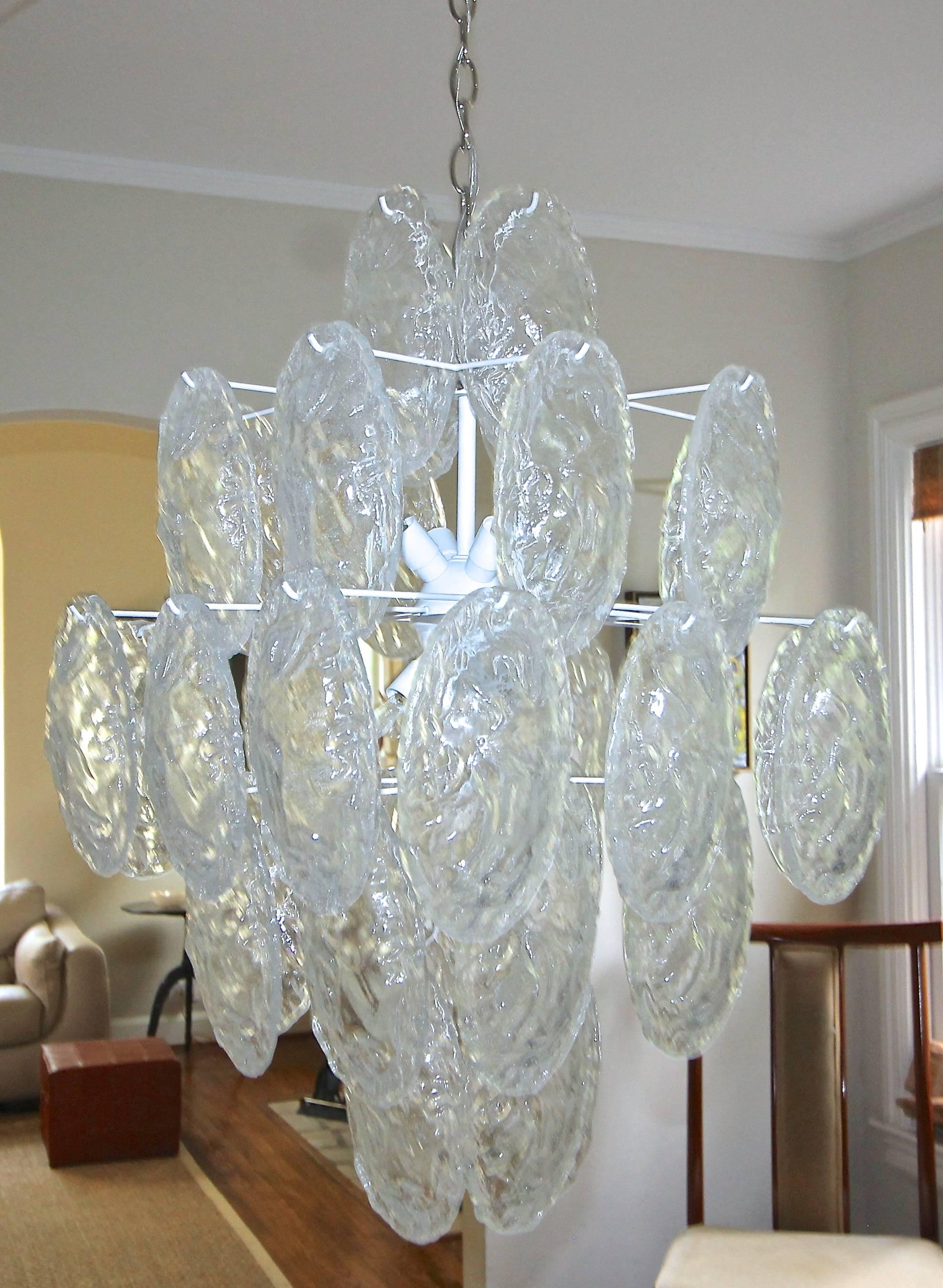 Mid-20th Century Murano Italian Clear Textured Glass Disc Chandelier