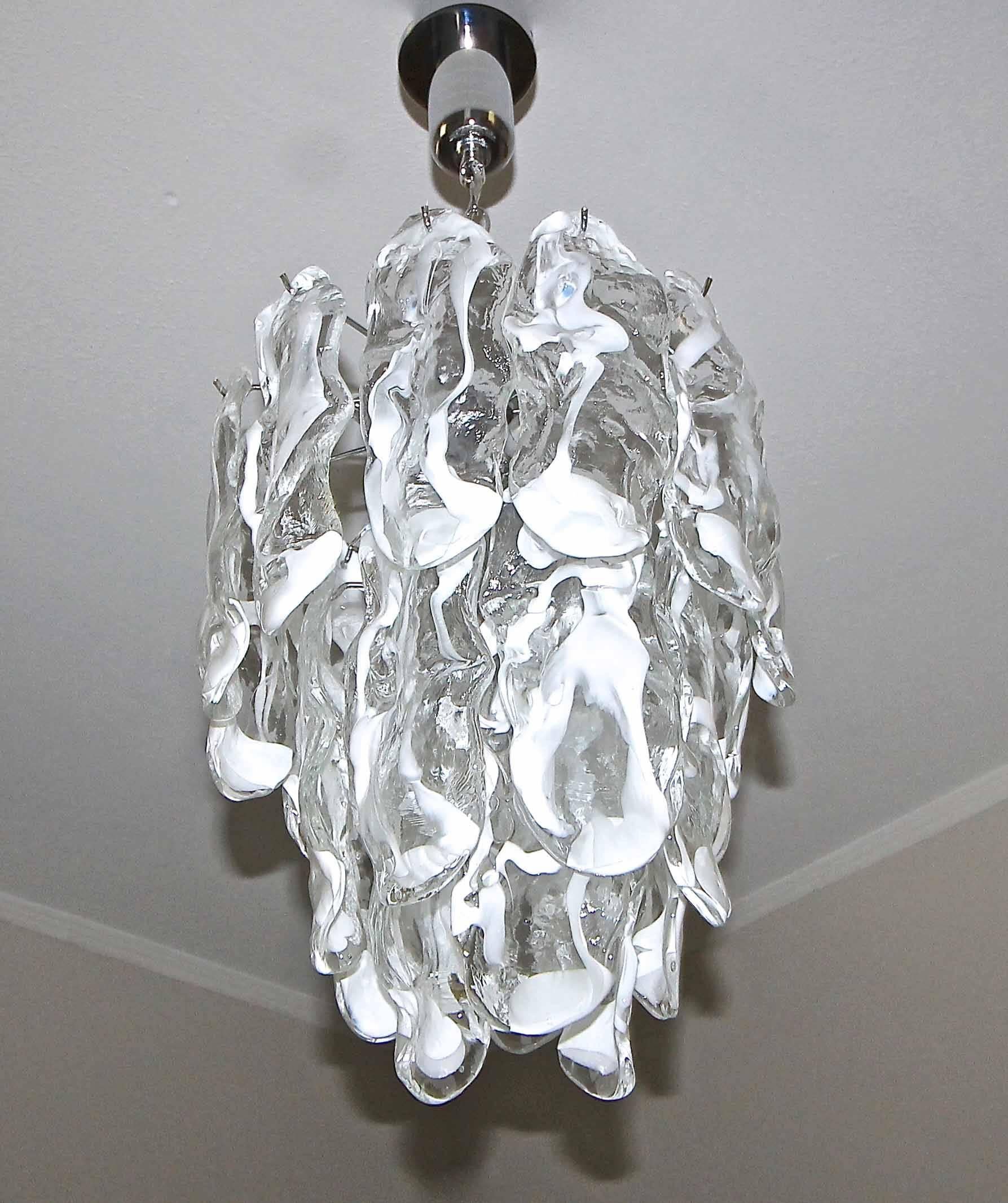 Italian Murano Textured White Clear Glass Chandelier by Mazzega