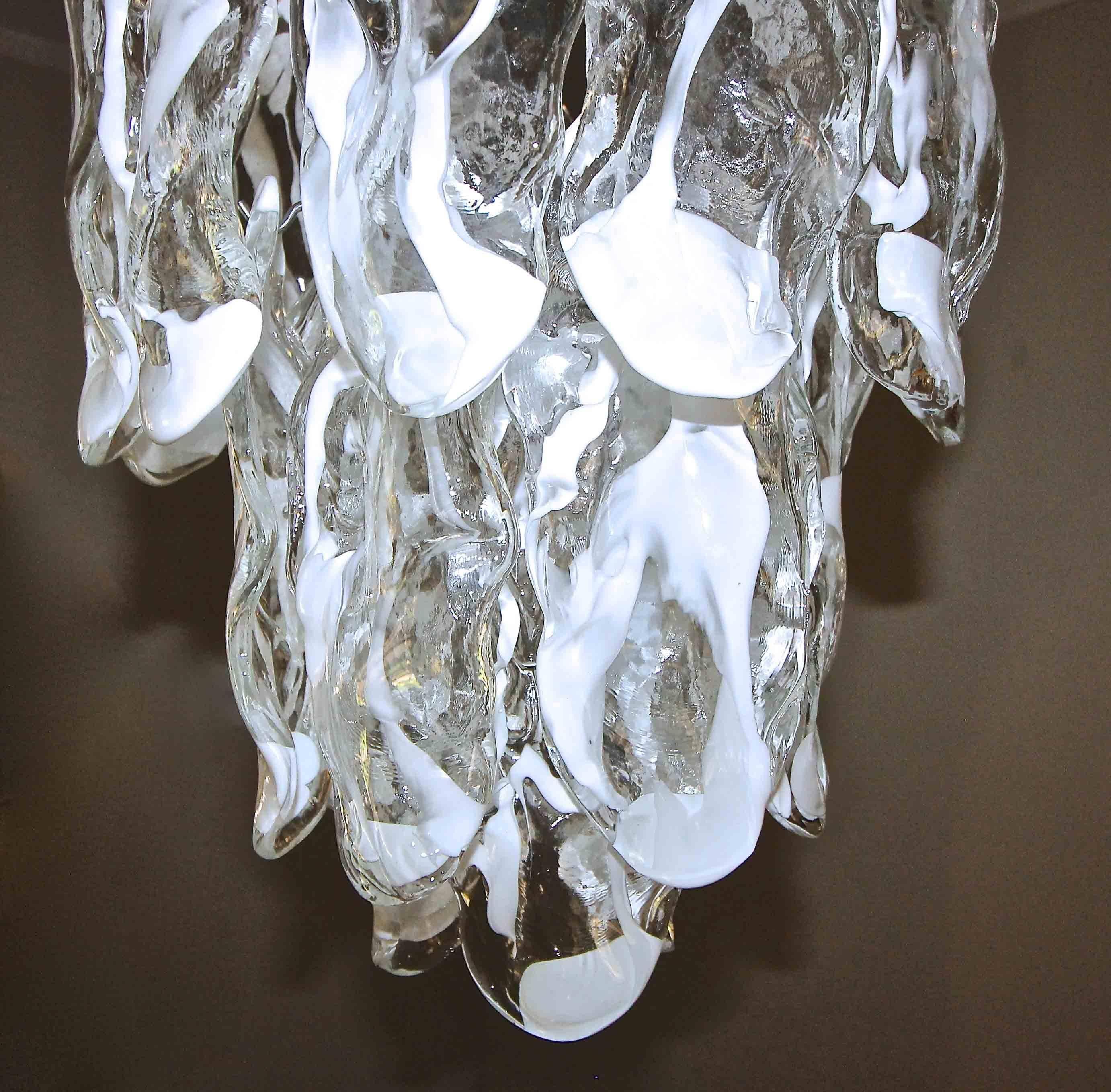 Metal Murano Textured White Clear Glass Chandelier by Mazzega