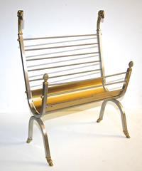 Jansen Style Italian Steel Brass Rams Head Magazine Rack