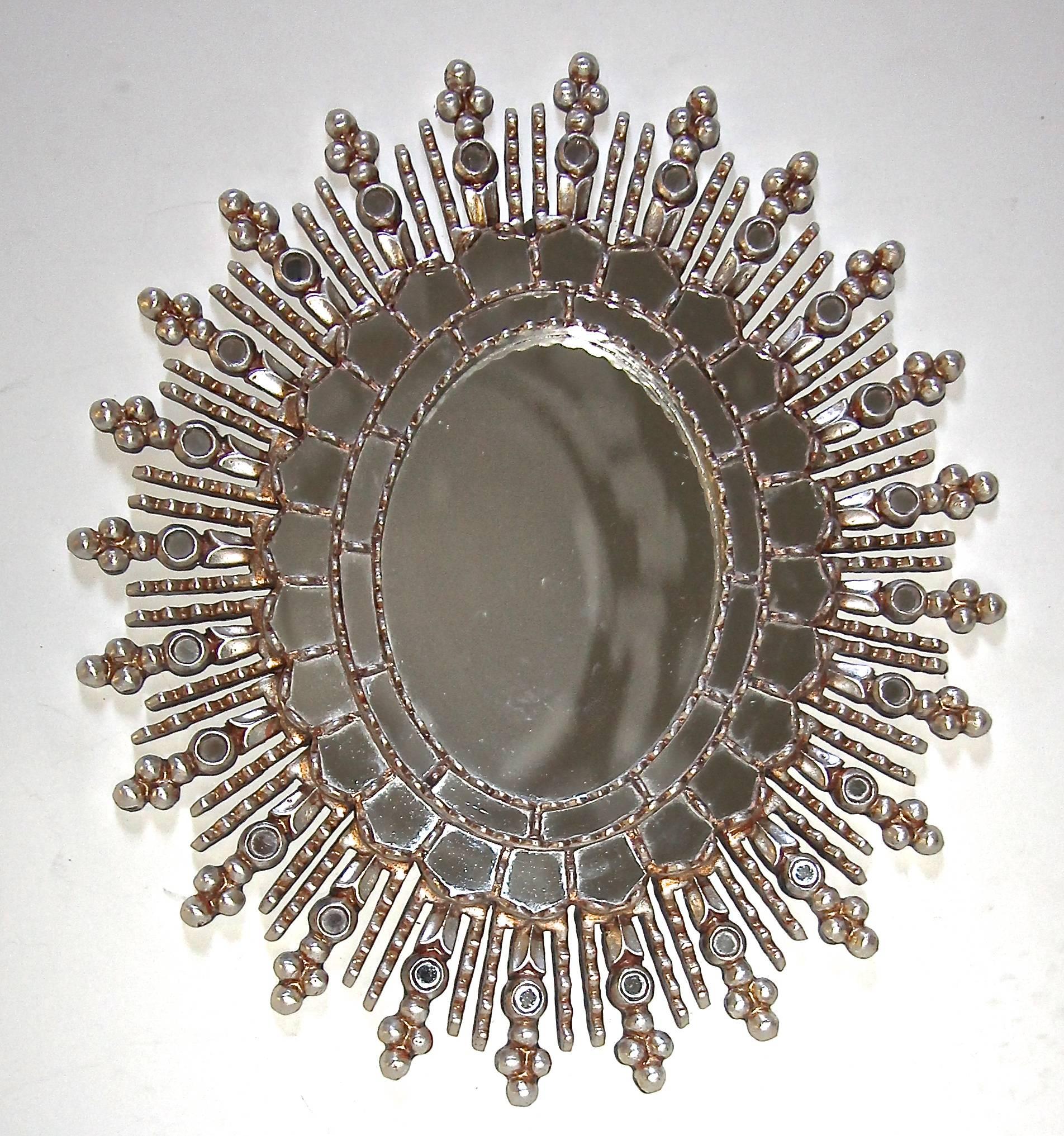 Sunburst Silver Giltwood Spanish Colonial Wall Mirror In Excellent Condition In Dallas, TX