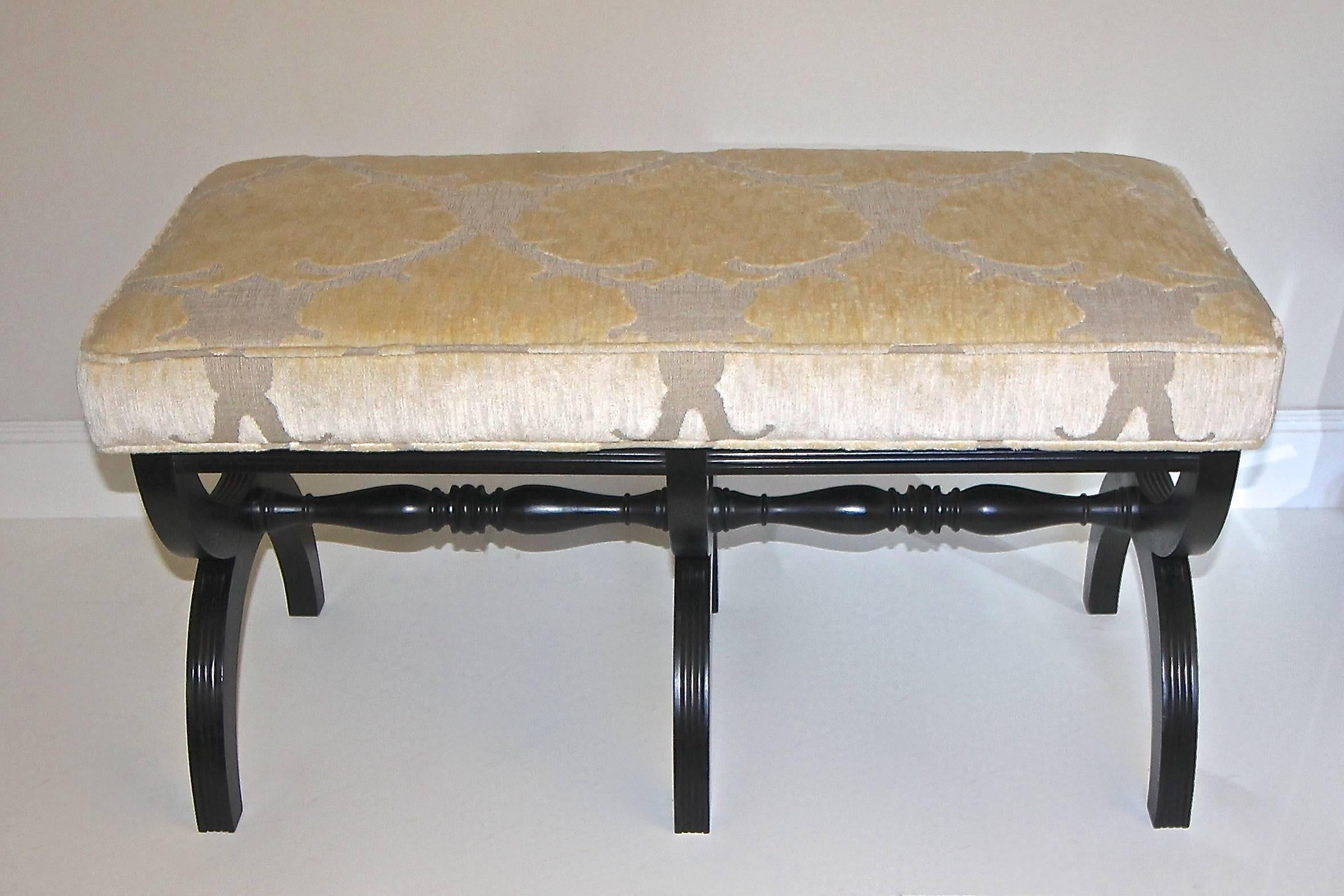 Painted Dorothy Draper Style Ebonized Wood X-Base Upholstered Bench