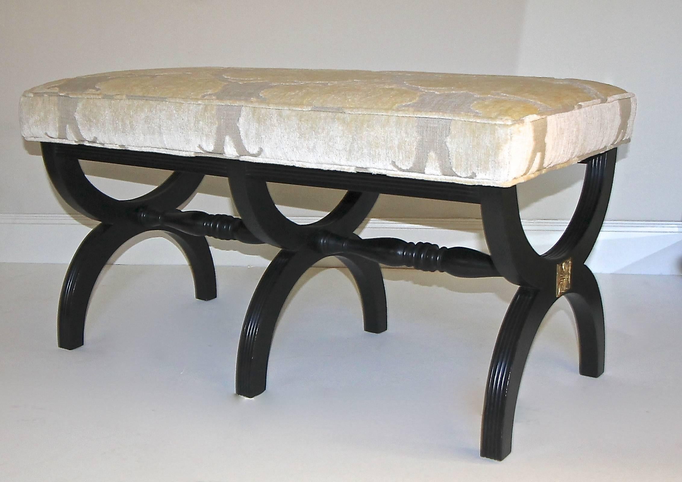 American Dorothy Draper Style Ebonized Wood X-Base Upholstered Bench