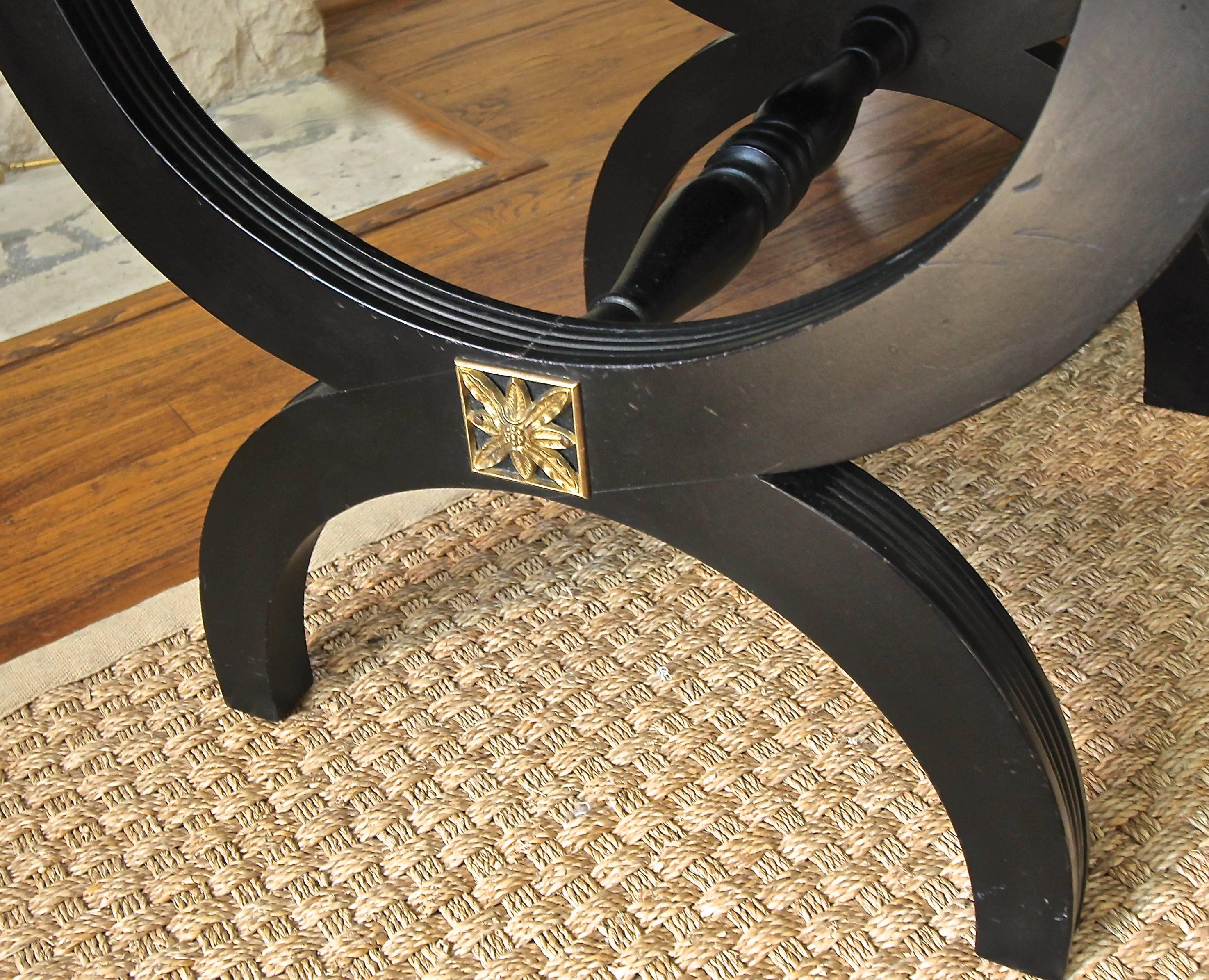 Dorothy Draper Style Ebonized Wood X-Base Upholstered Bench 1