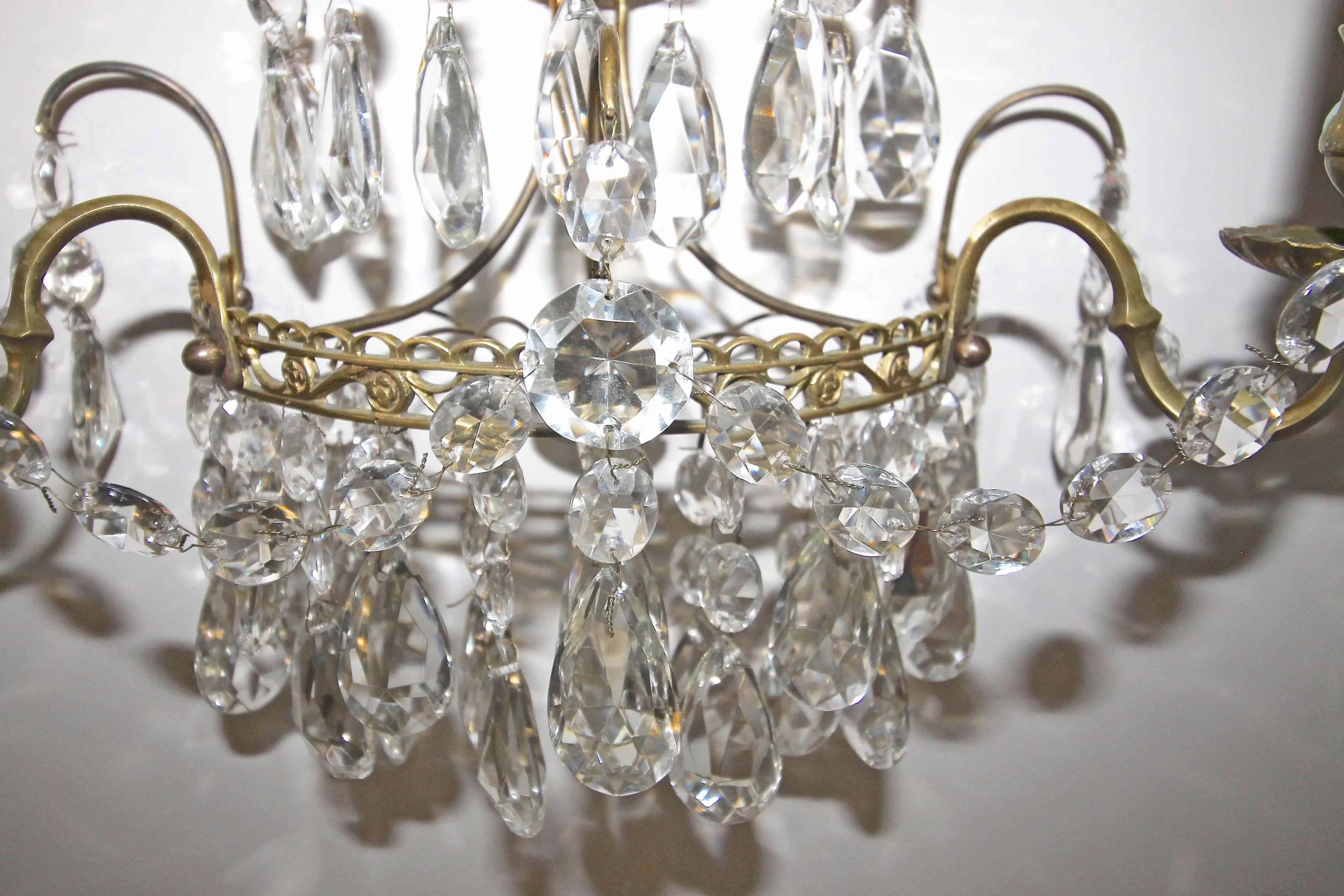 Pair of Swedish Gustavian Style Crystal and Brass Candle Wall Sconces For Sale 1