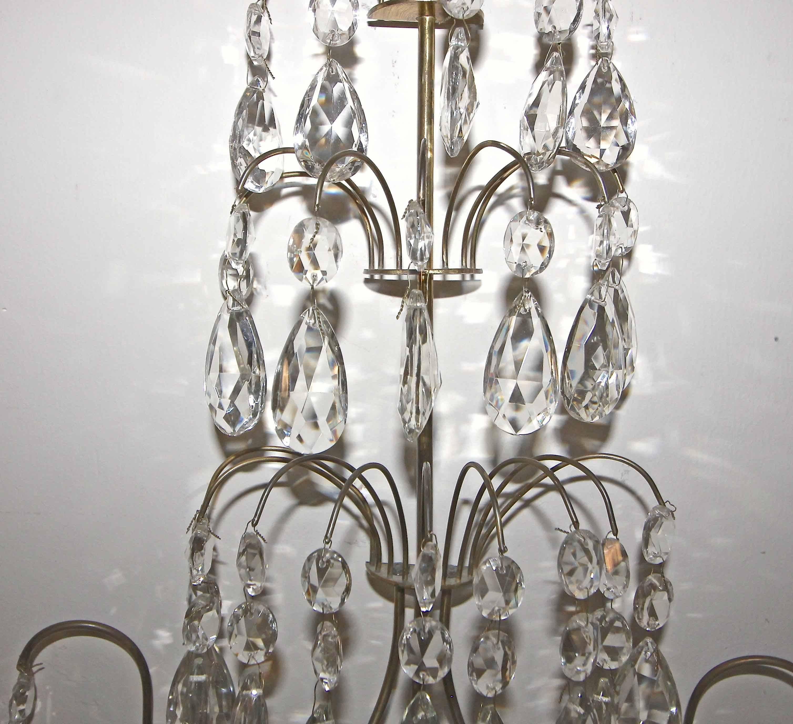 Pair of Swedish Gustavian Style Crystal and Brass Candle Wall Sconces For Sale 2