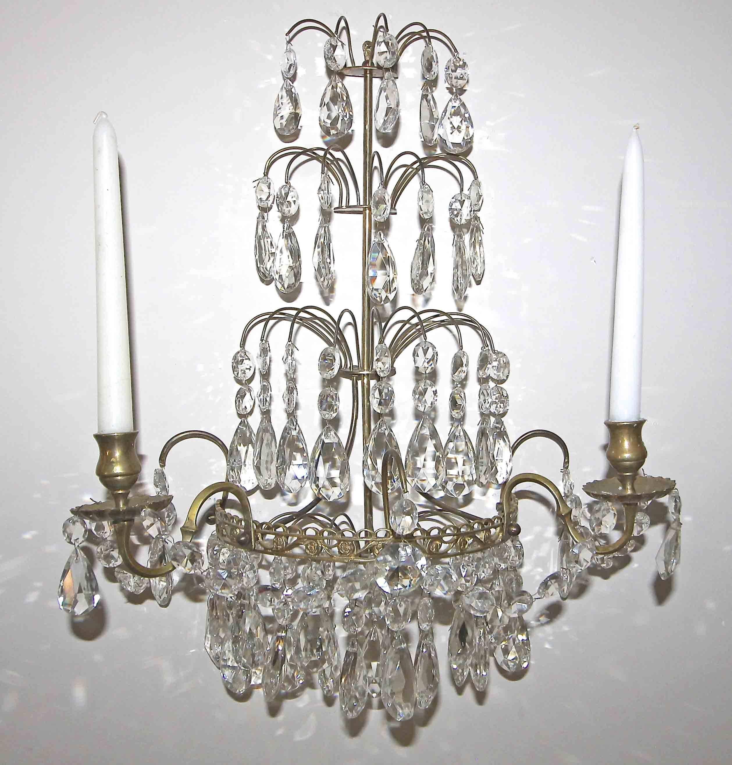 Pair of Swedish Gustavian Style Crystal and Brass Candle Wall Sconces In Good Condition For Sale In Dallas, TX