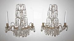Pair of Swedish Gustavian Style Crystal and Brass Candle Wall Sconces