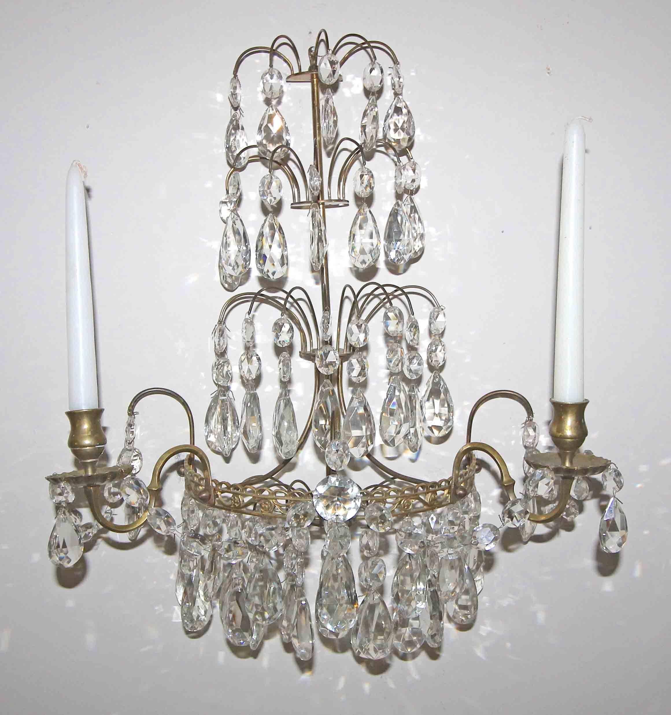 Pair of Swedish Gustavian Style Crystal and Brass Candle Wall Sconces For Sale 3