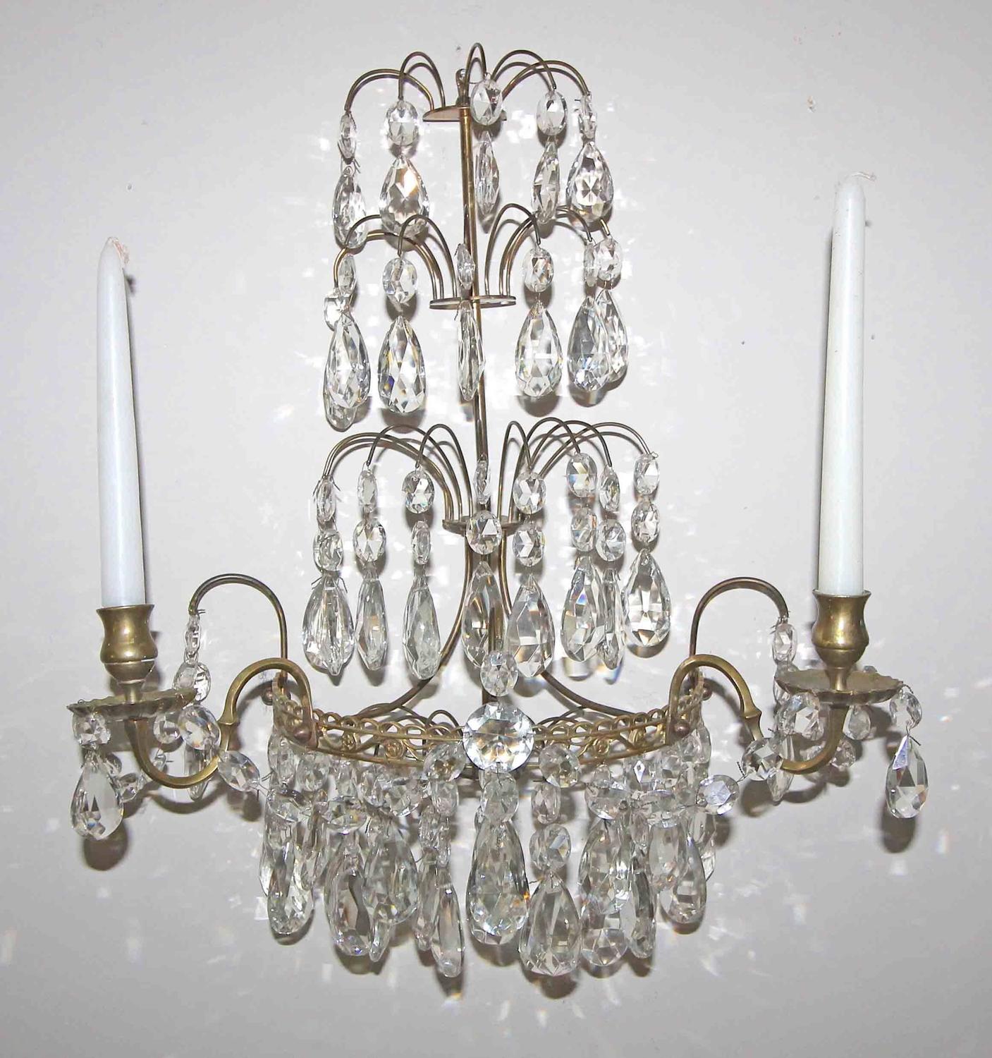 Pair of Swedish Gustavian Style Crystal and Brass Candle Wall Sconces For Sale at 1stdibs