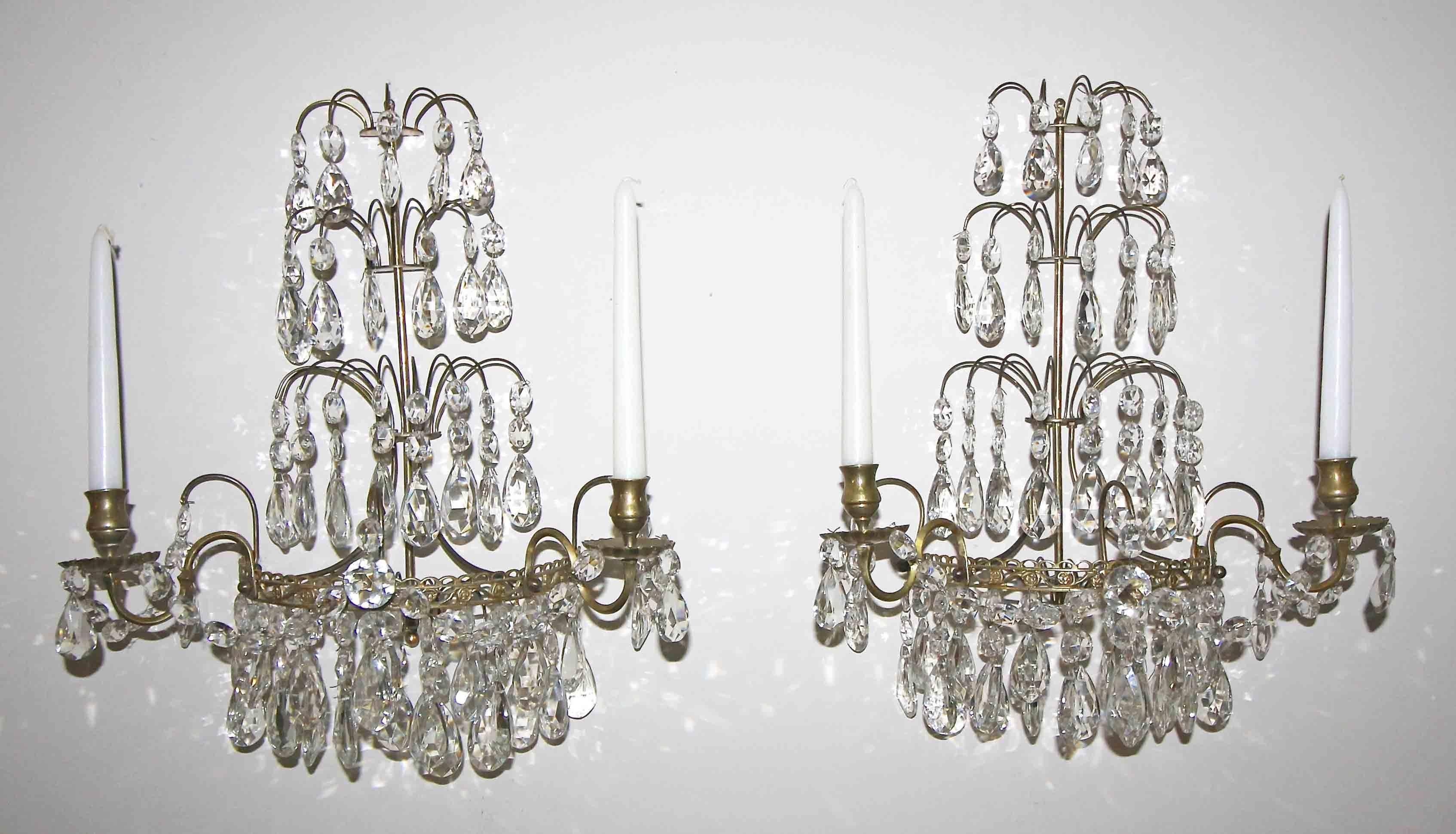 Pair of Swedish Gustavian Style Crystal and Brass Candle Wall Sconces For Sale 5