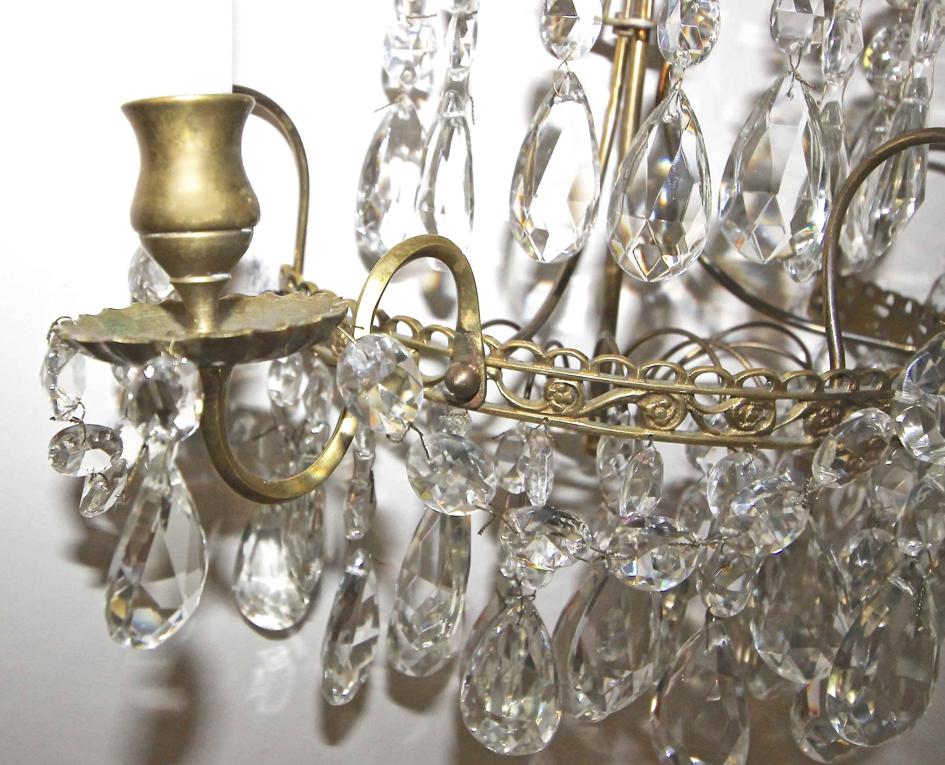 Pair of Swedish Gustavian Style Crystal and Brass Candle Wall Sconces For Sale 4