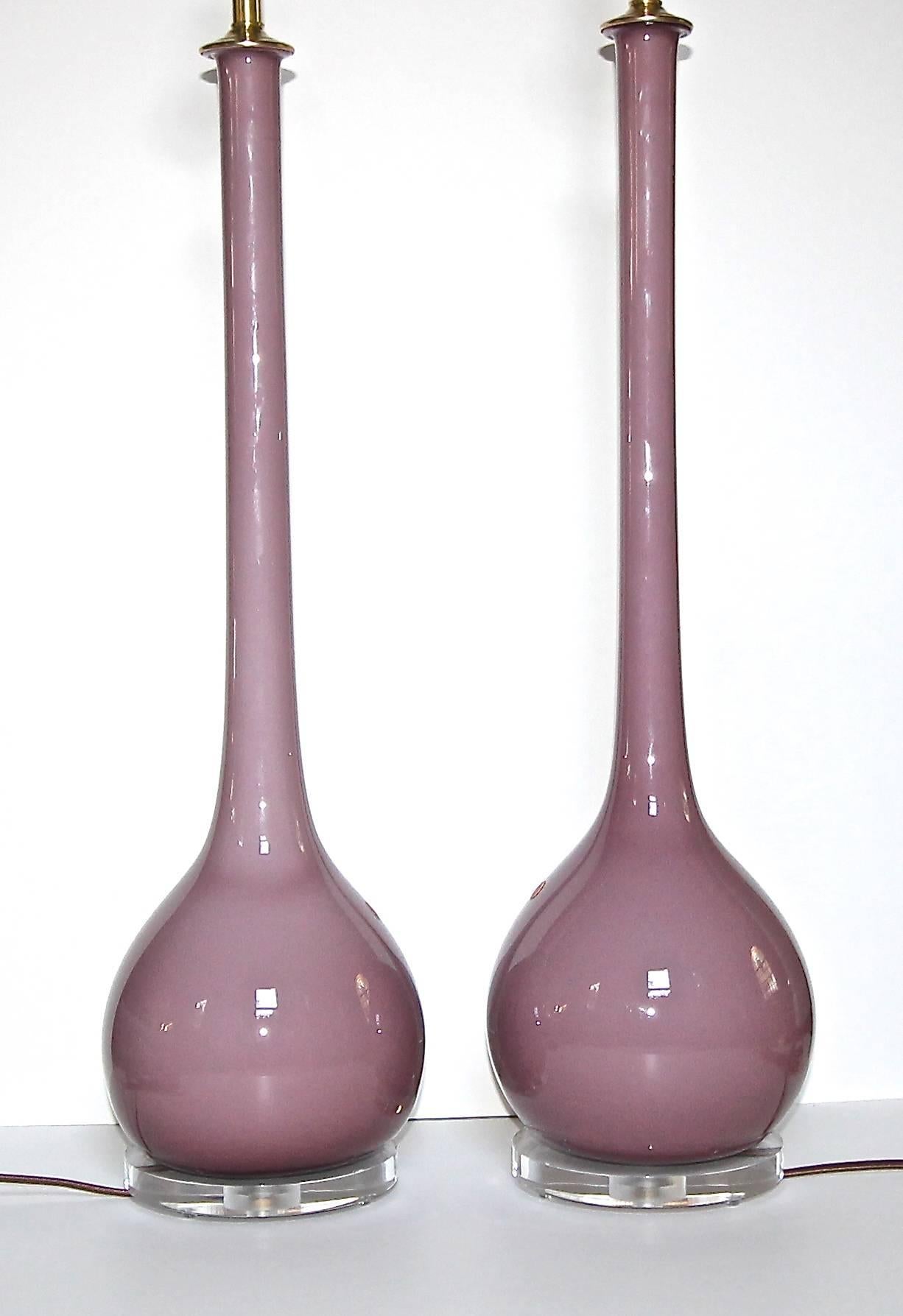 Italian Pair of Murano Long Neck Lavender Purple Glass Table Lamps