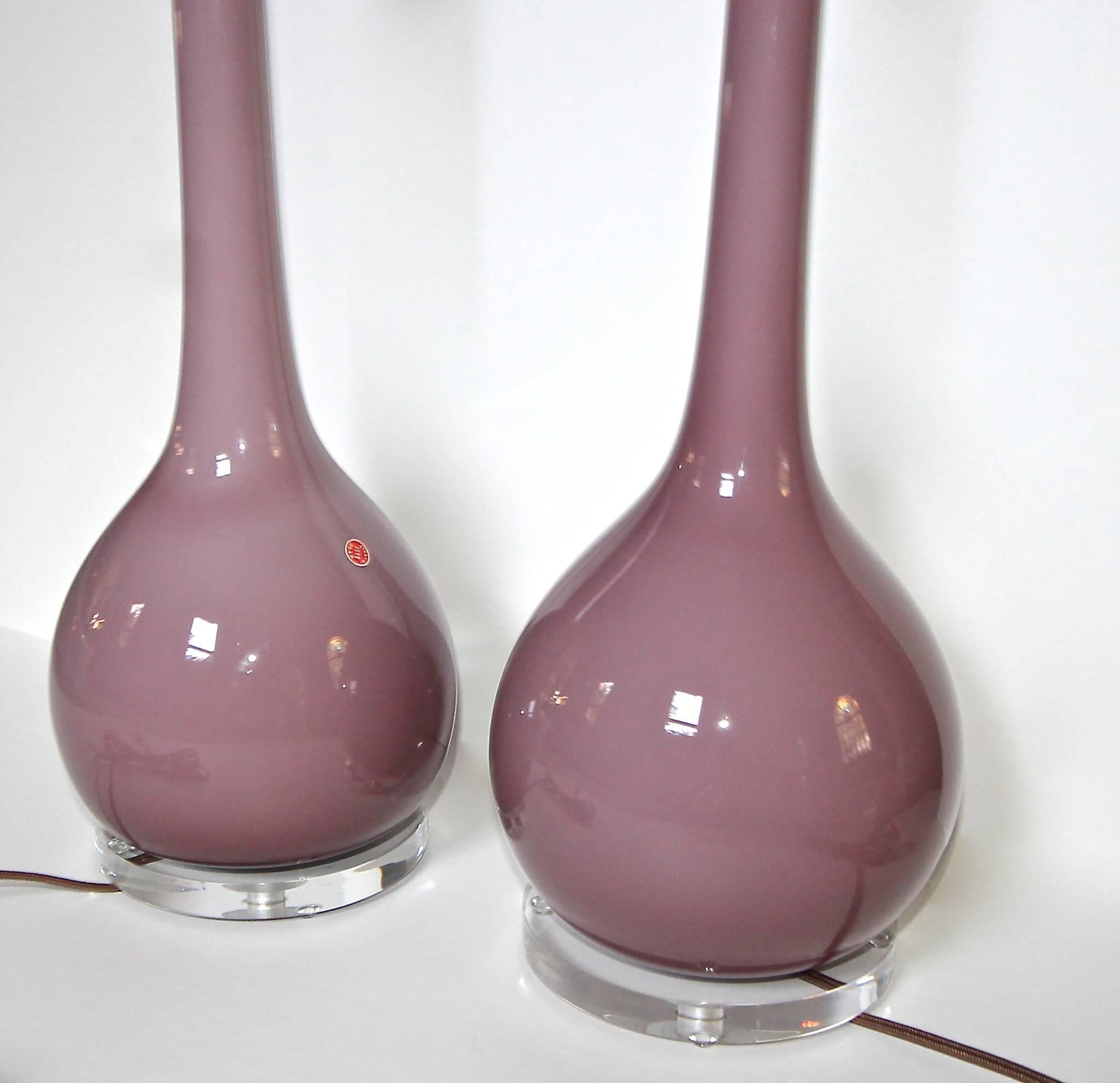 Brass Pair of Murano Long Neck Lavender Purple Glass Table Lamps