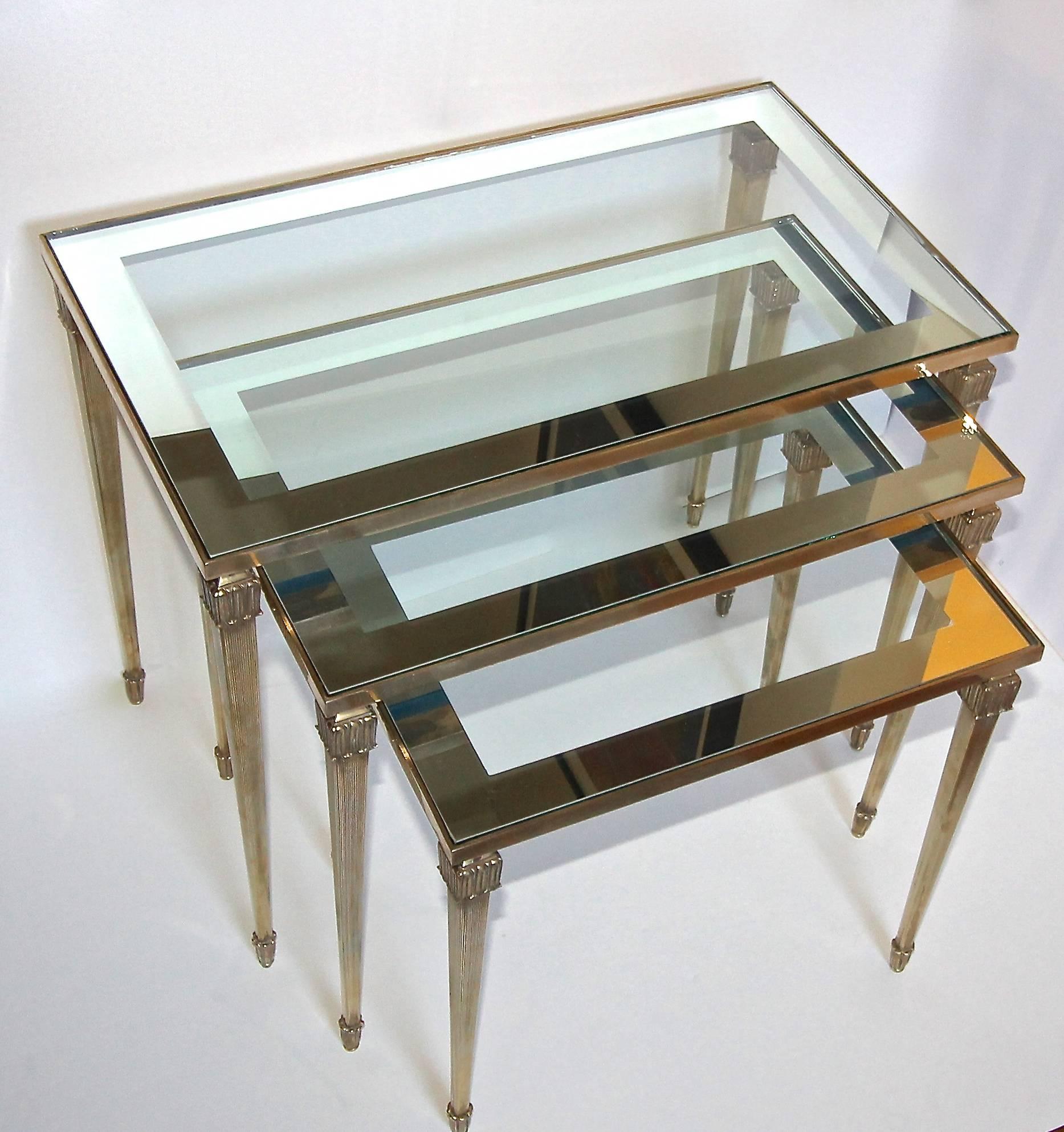 Mid-20th Century Trio of Maison Jansen French Brass Nesting Tables For Sale