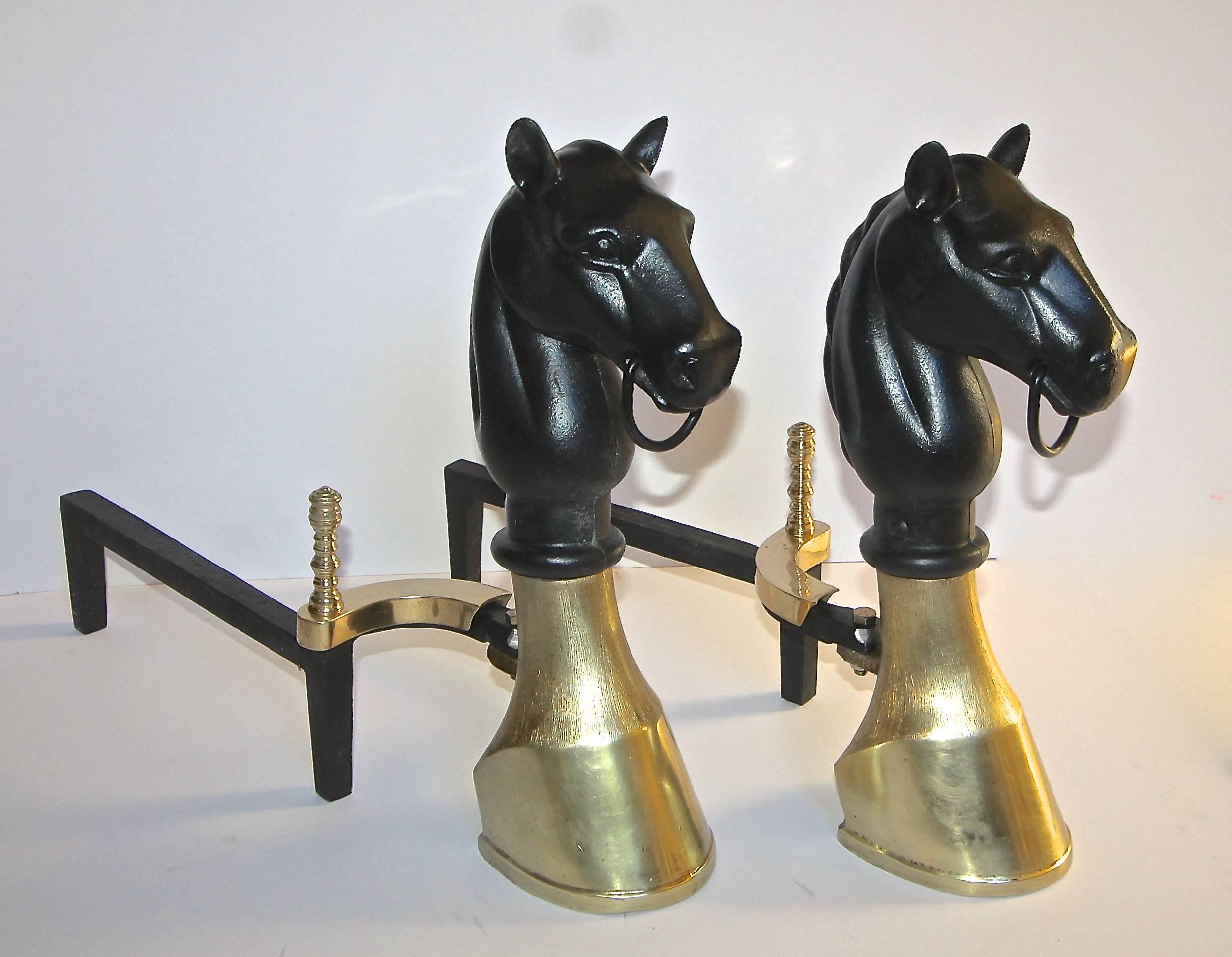 Pair of Brass and Cast Iron Horse Equestrian Andirons 5