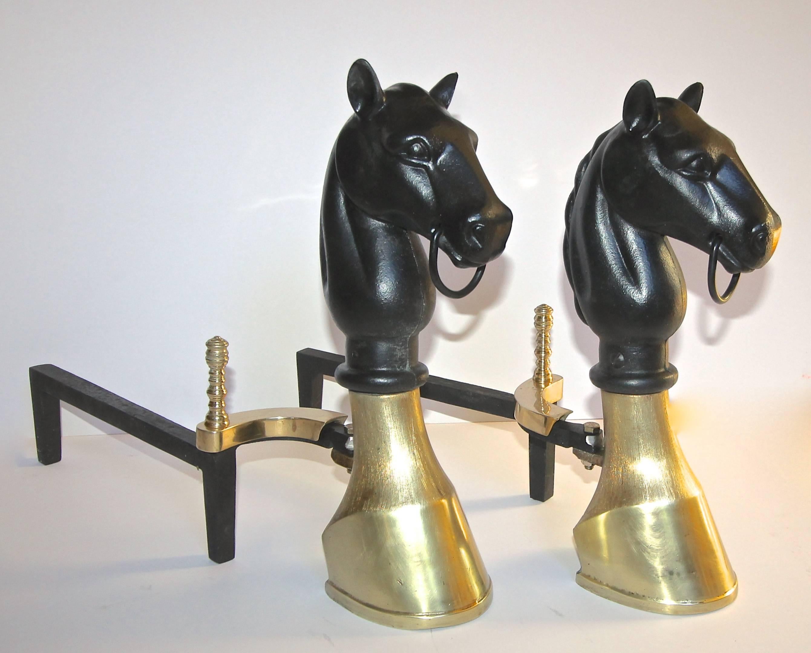 Pair of Brass and Cast Iron Horse Equestrian Andirons In Good Condition In Dallas, TX